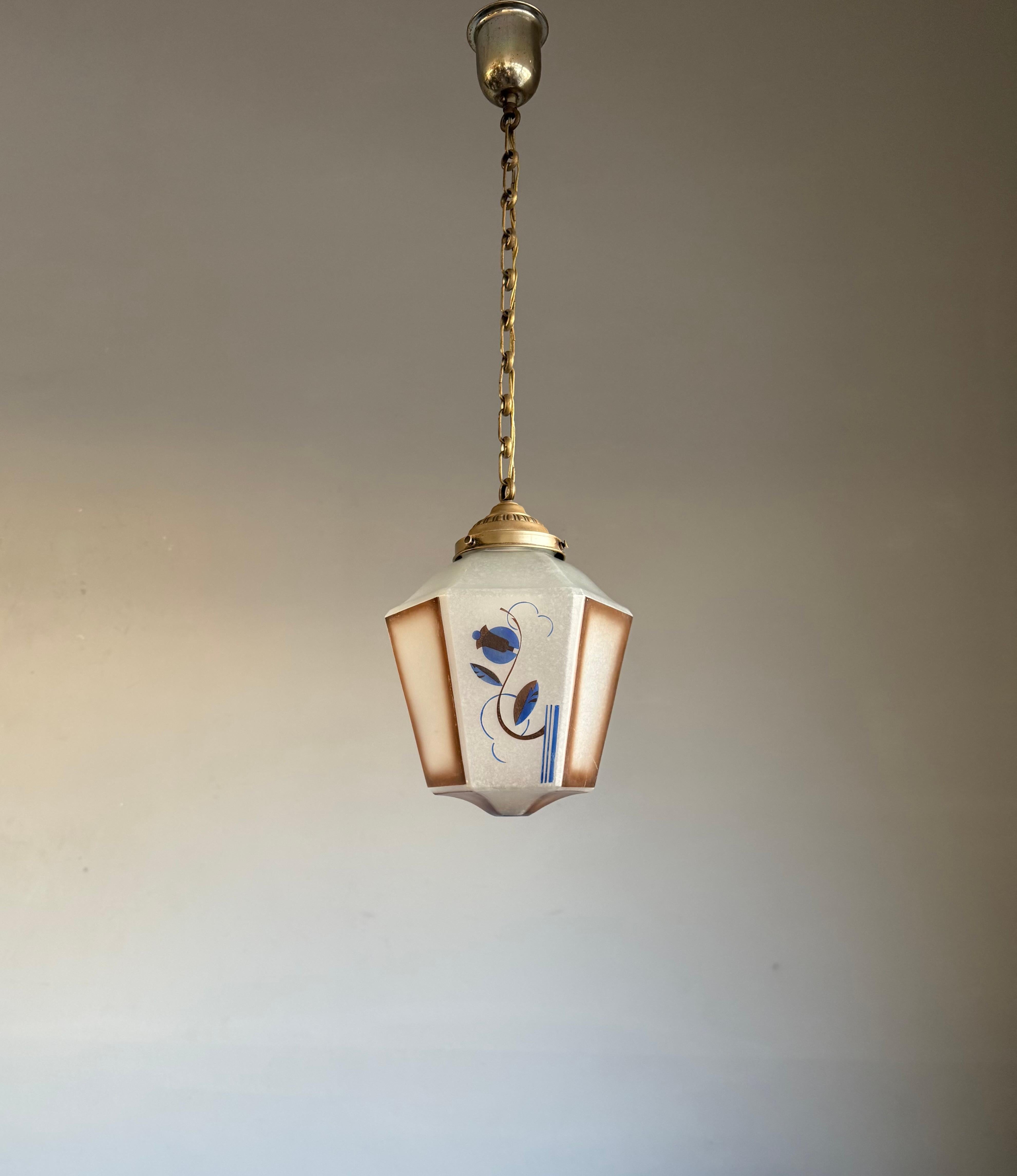 Original Art Deco Pendant from Glass & Brass w Stylized Flower & Leaf Decor 1920 5