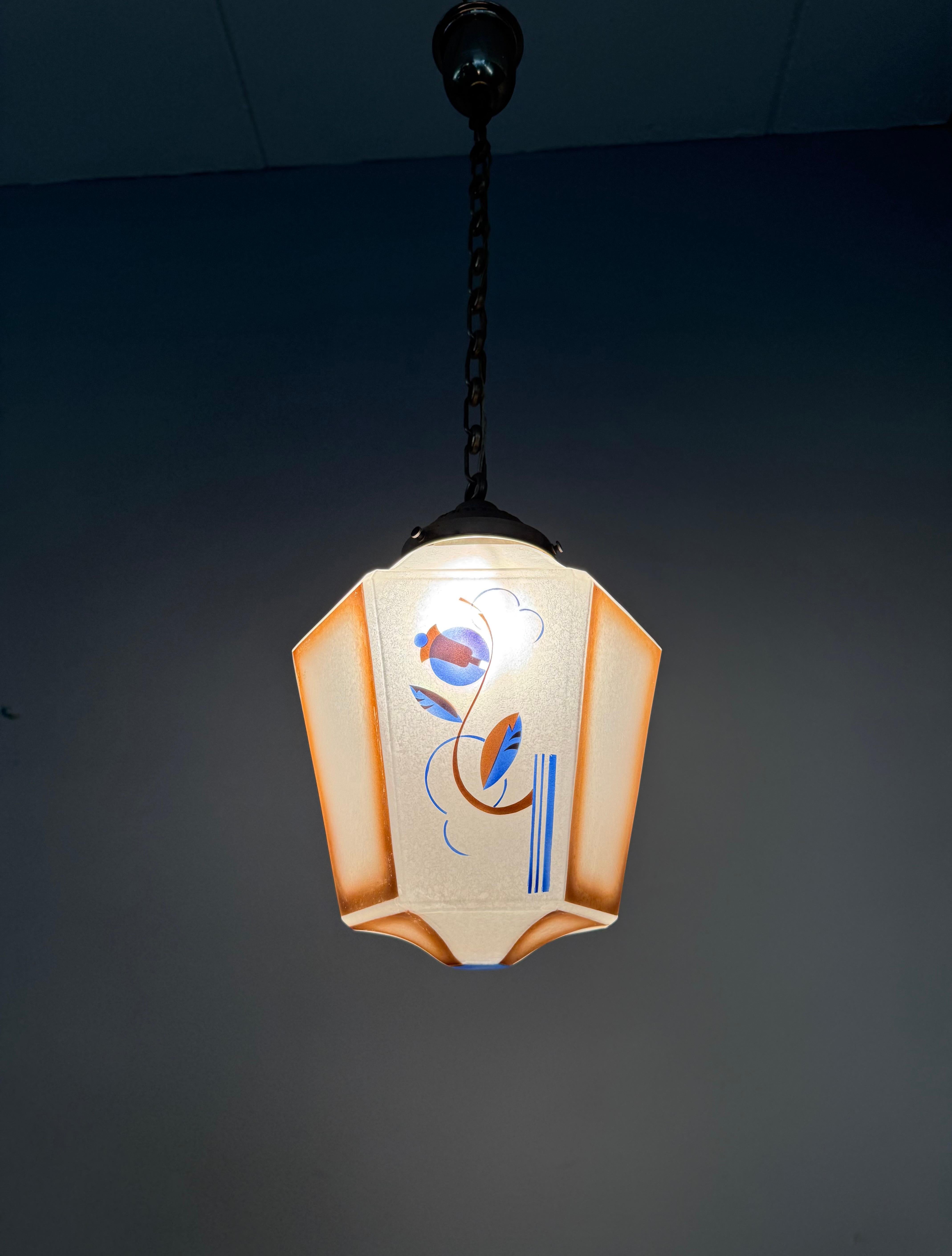 Original Art Deco Pendant from Glass & Brass w Stylized Flower & Leaf Decor 1920 8