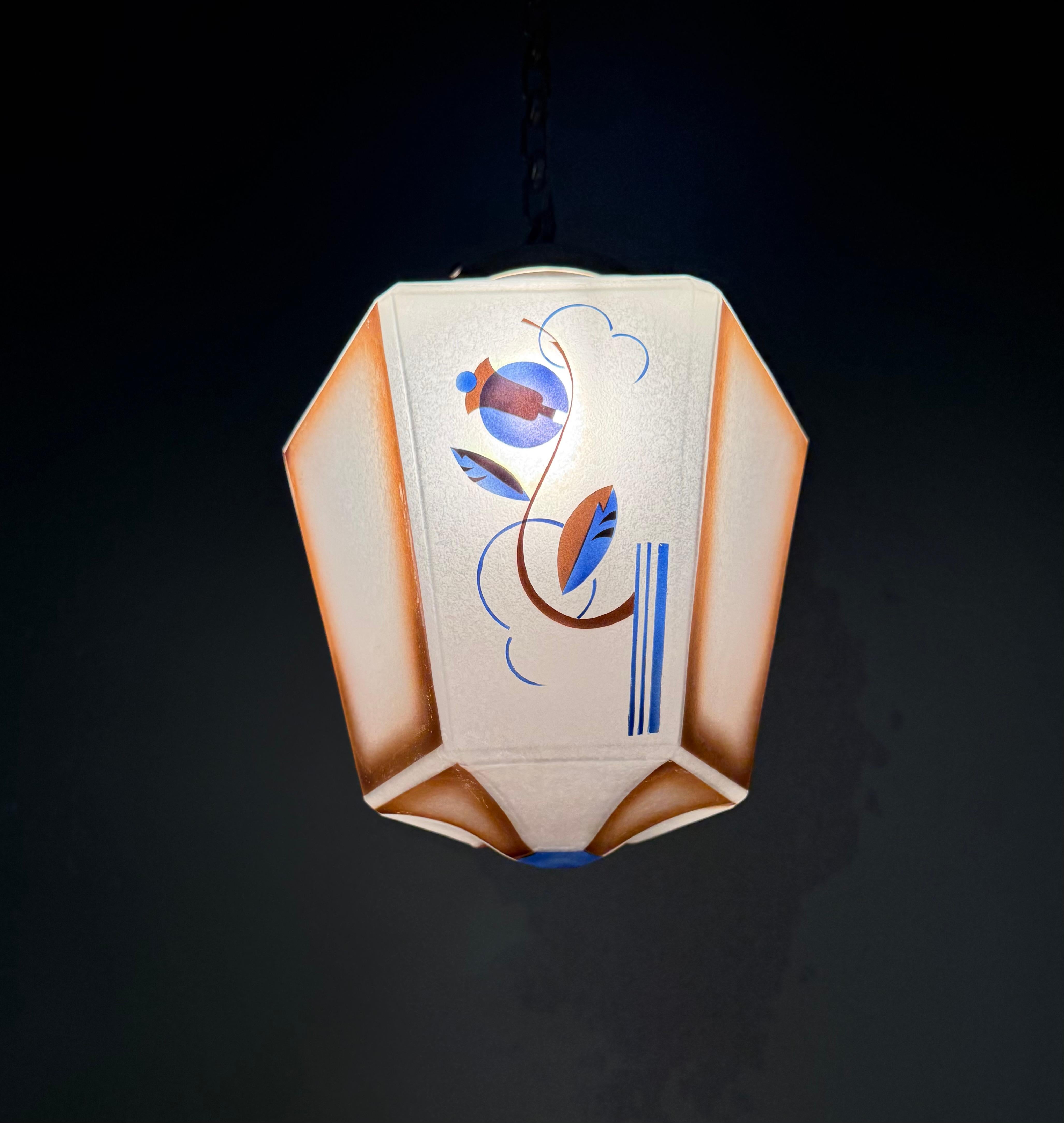 Original Art Deco Pendant from Glass & Brass w Stylized Flower & Leaf Decor 1920 10