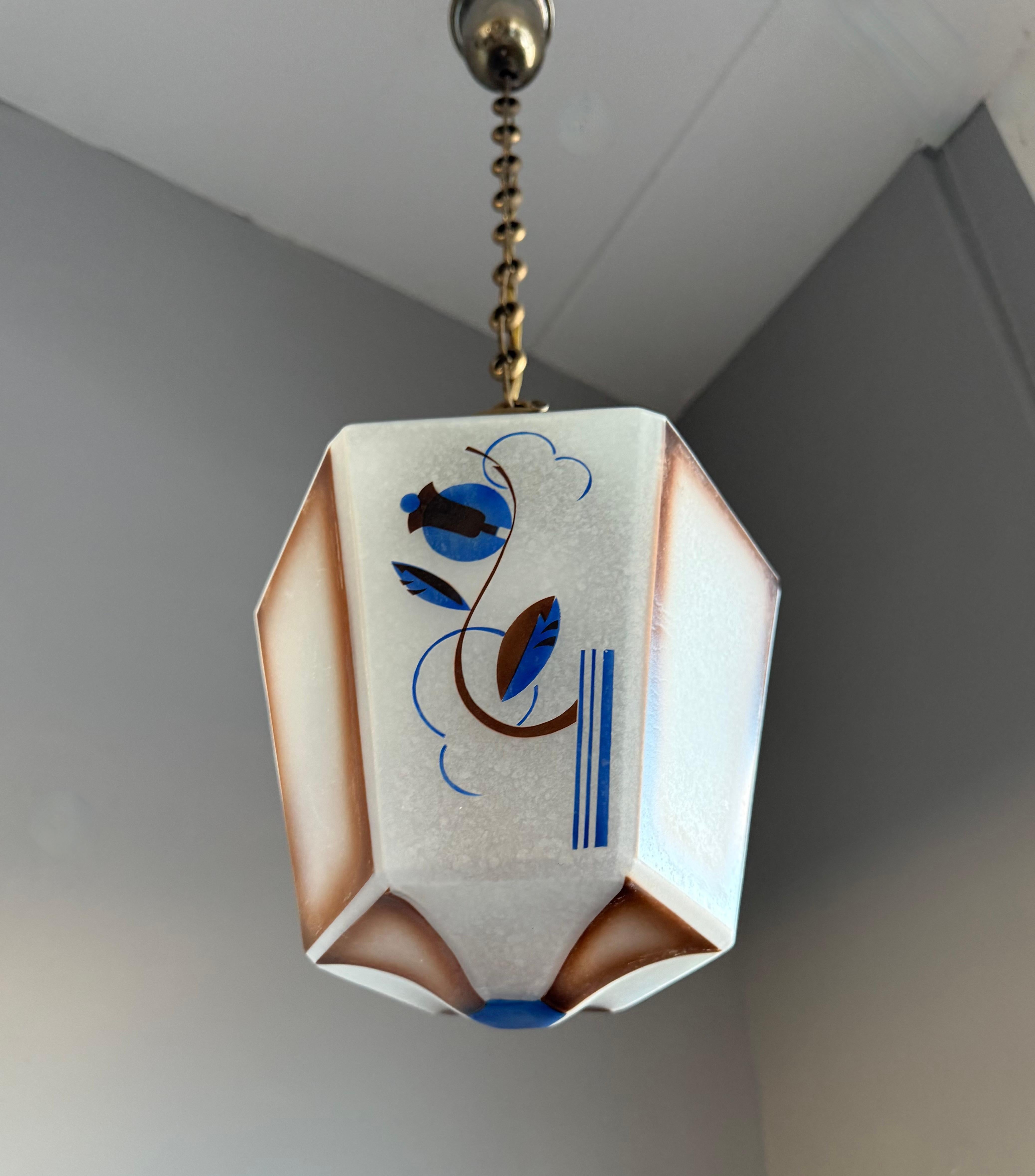 Original Art Deco Pendant from Glass & Brass w Stylized Flower & Leaf Decor 1920 11
