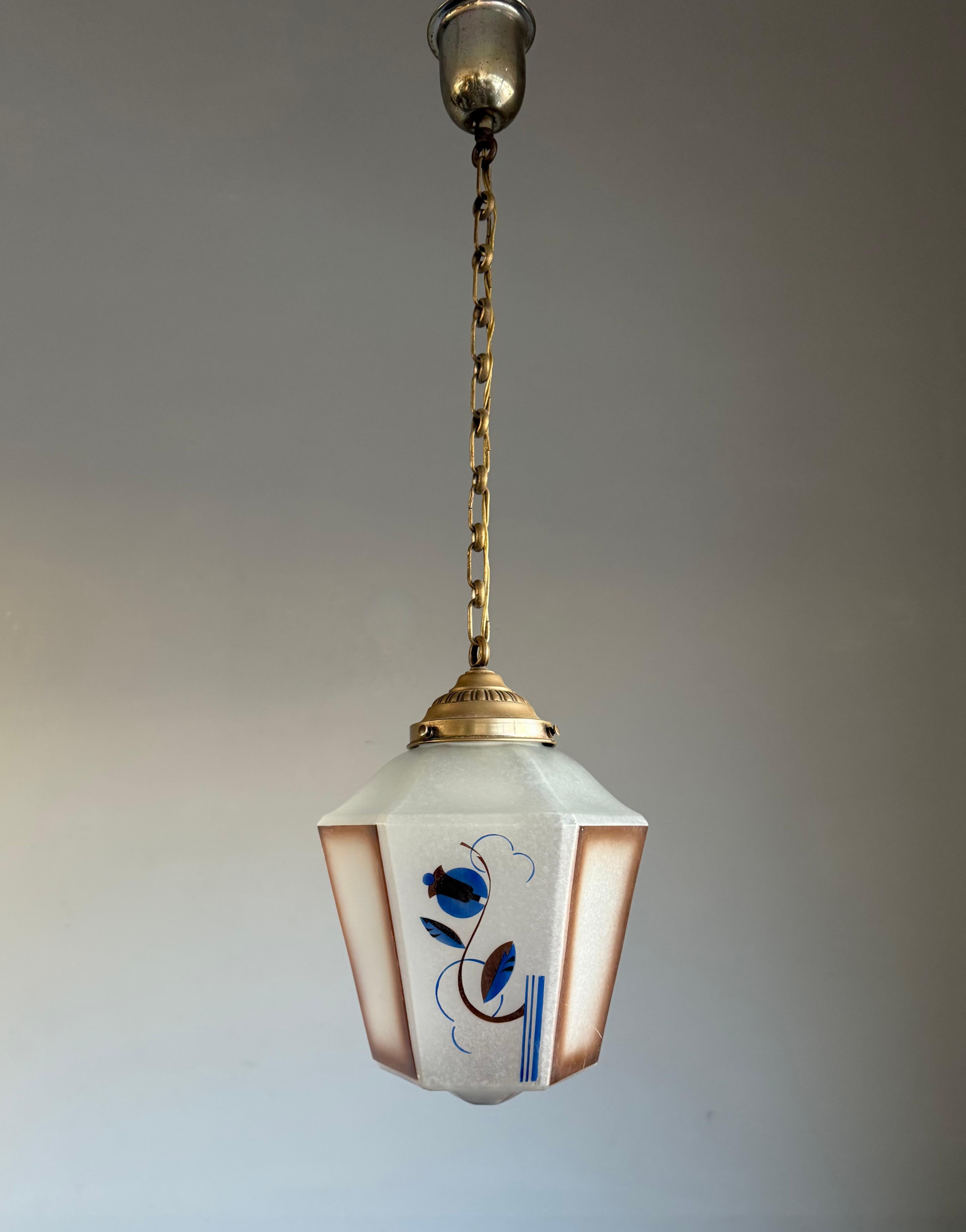 Handcrafted and stylish Art Deco lantern or ceiling lamp with rarest patterns for your stairwell, hallway or bedroom.

This all handcrafted, practical size and beautiful looking ceiling lamp is another one of our recent great finds. The beautiful
