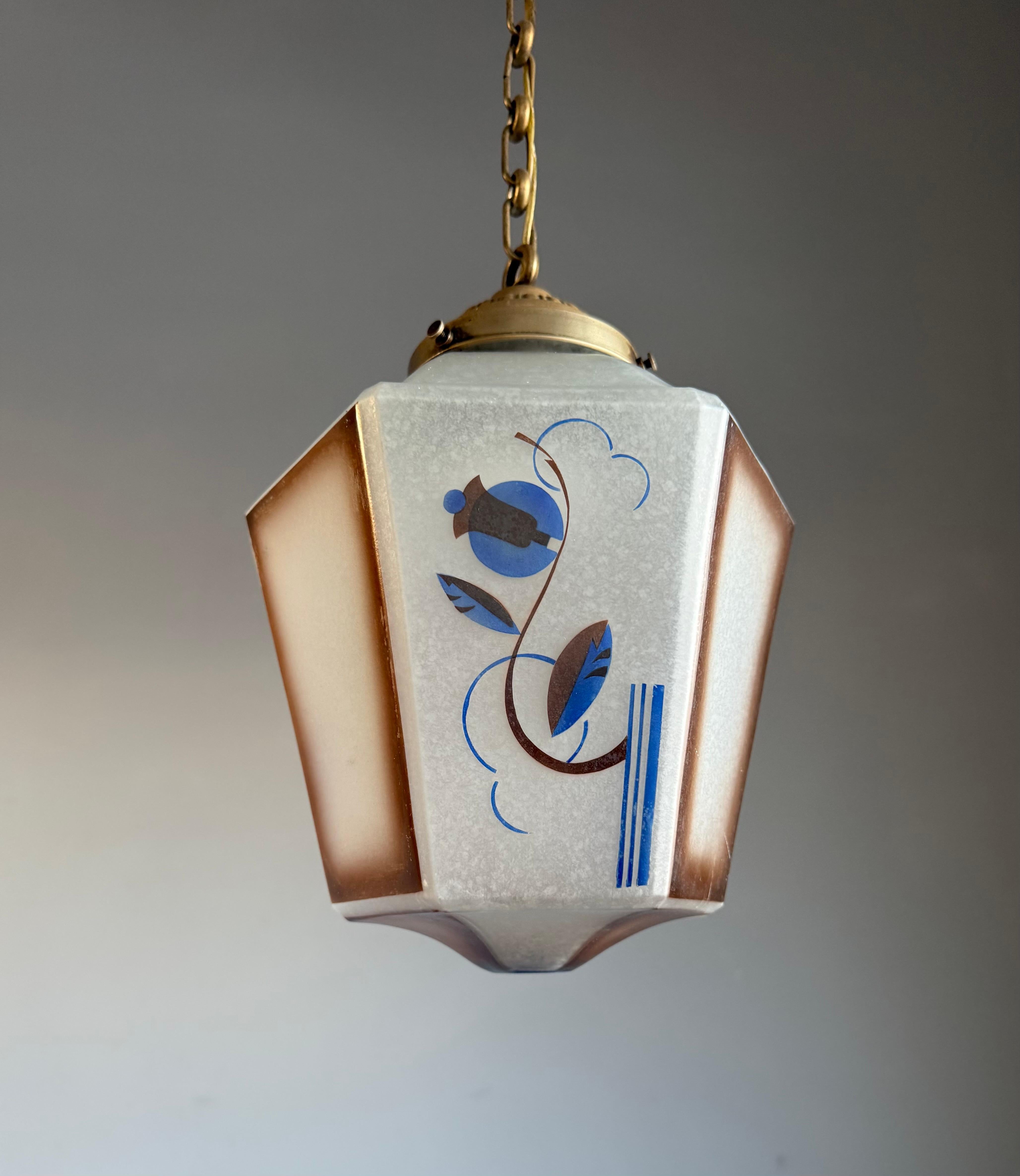 Vienna Secession Original Art Deco Pendant from Glass & Brass w Stylized Flower & Leaf Decor 1920