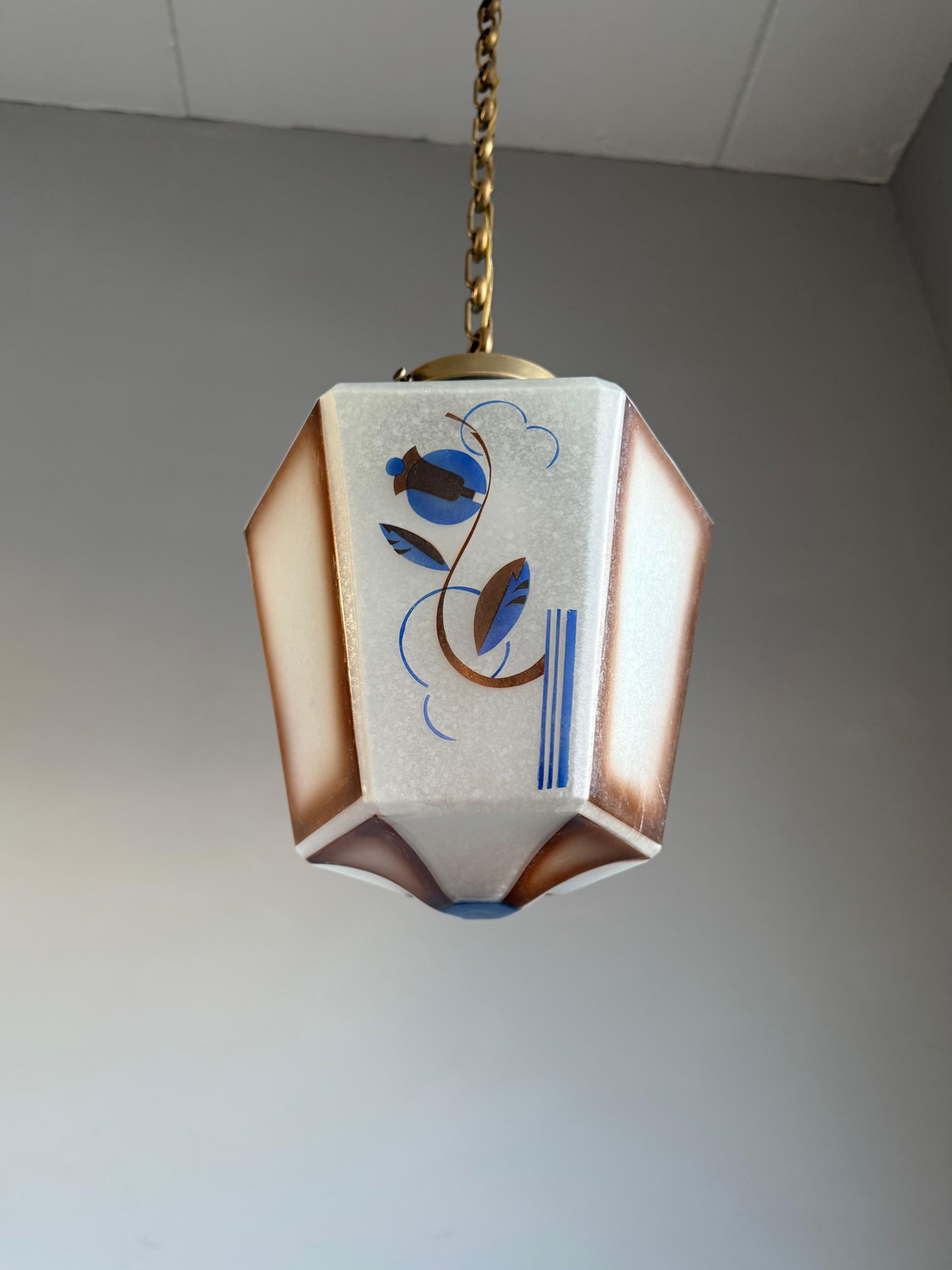 Austrian Original Art Deco Pendant from Glass & Brass w Stylized Flower & Leaf Decor 1920