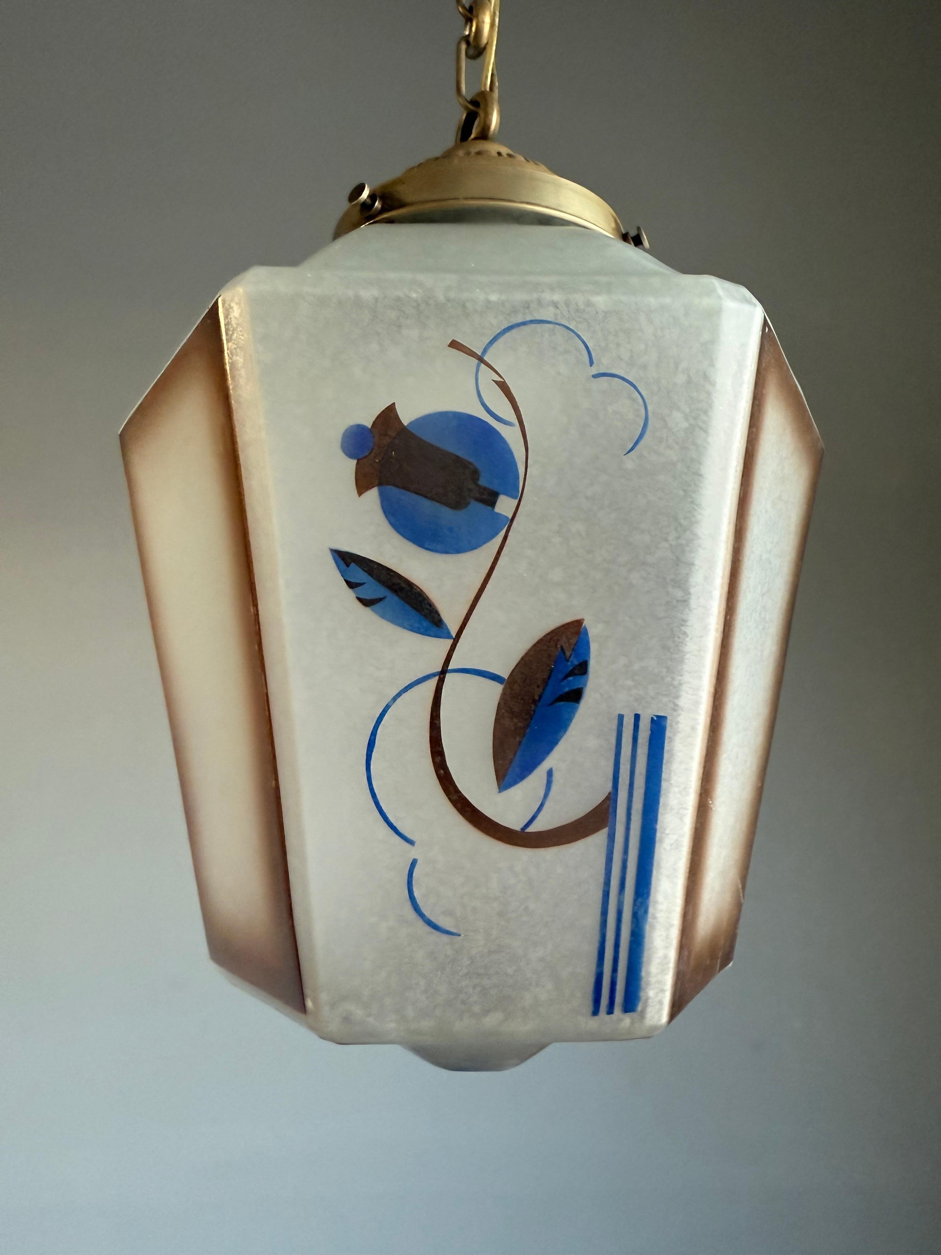 Powder-Coated Original Art Deco Pendant from Glass & Brass w Stylized Flower & Leaf Decor 1920