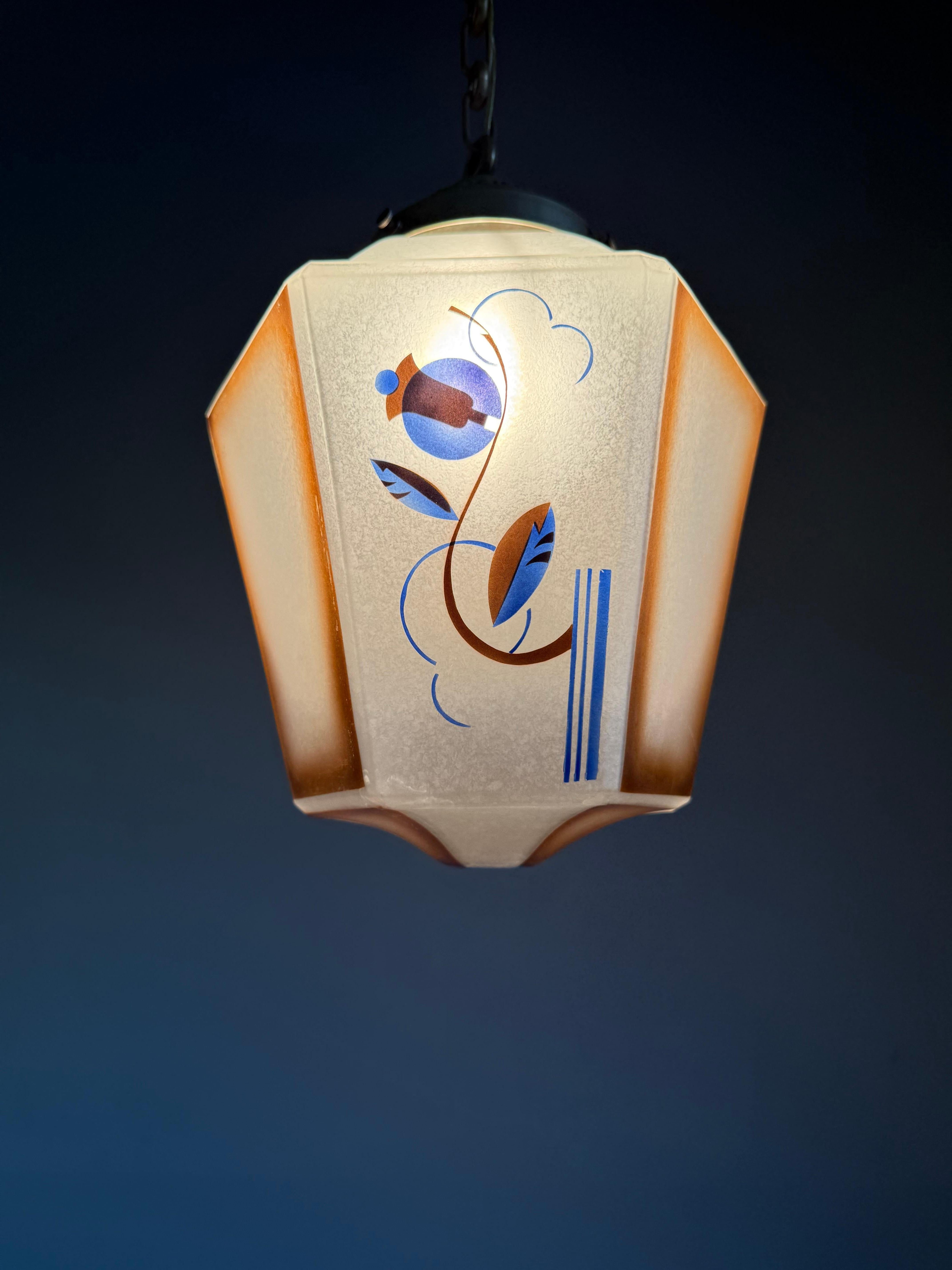 20th Century Original Art Deco Pendant from Glass & Brass w Stylized Flower & Leaf Decor 1920