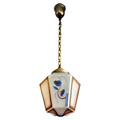 Antique Original Art Deco Pendant from Glass & Brass w Stylized Flower & Leaf Decor 1920