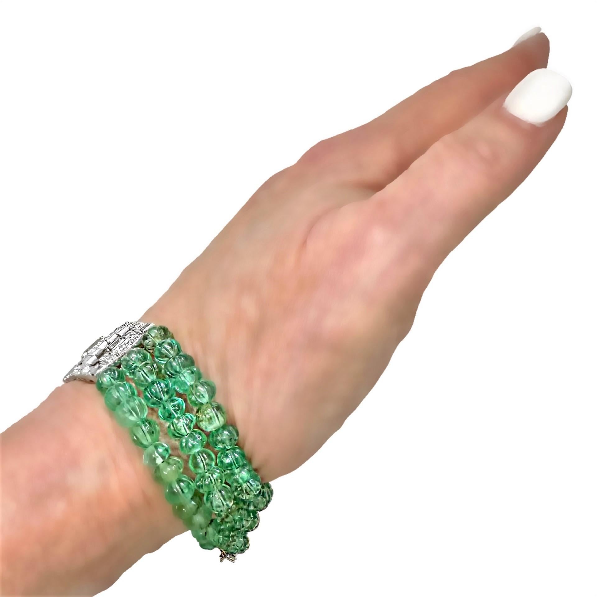 Original Art-Deco Period Platinum, Diamond and Emerald Bead Bracelet For Sale 4