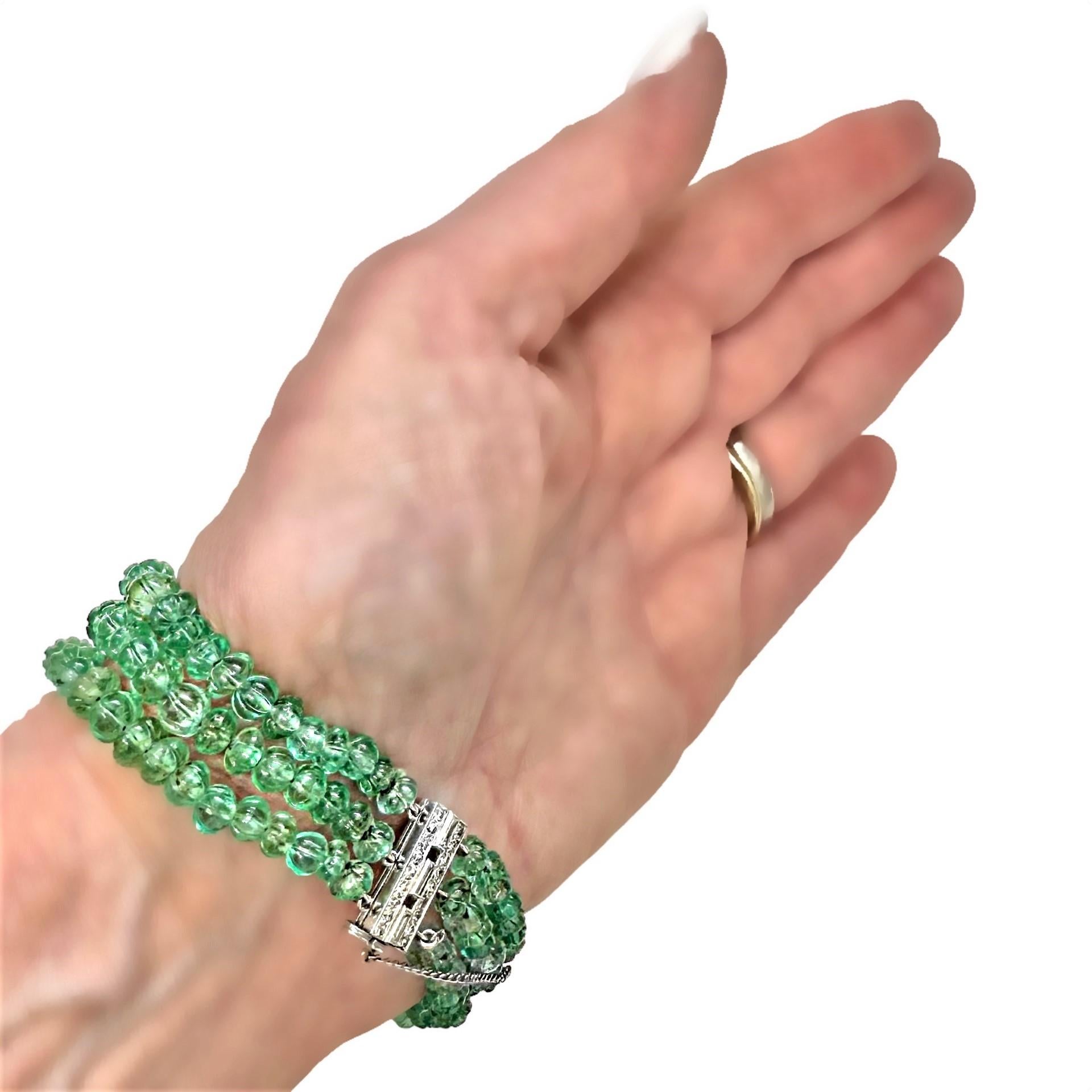 Original Art-Deco Period Platinum, Diamond and Emerald Bead Bracelet For Sale 5