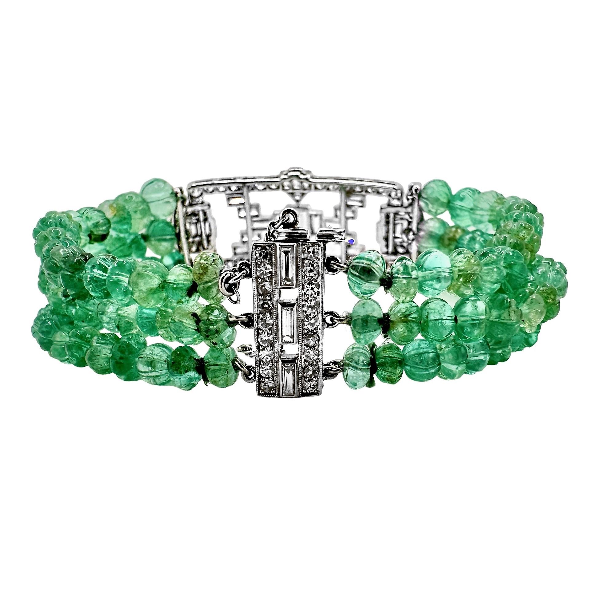 Art Deco Original Art-Deco Period Platinum, Diamond and Emerald Bead Bracelet For Sale