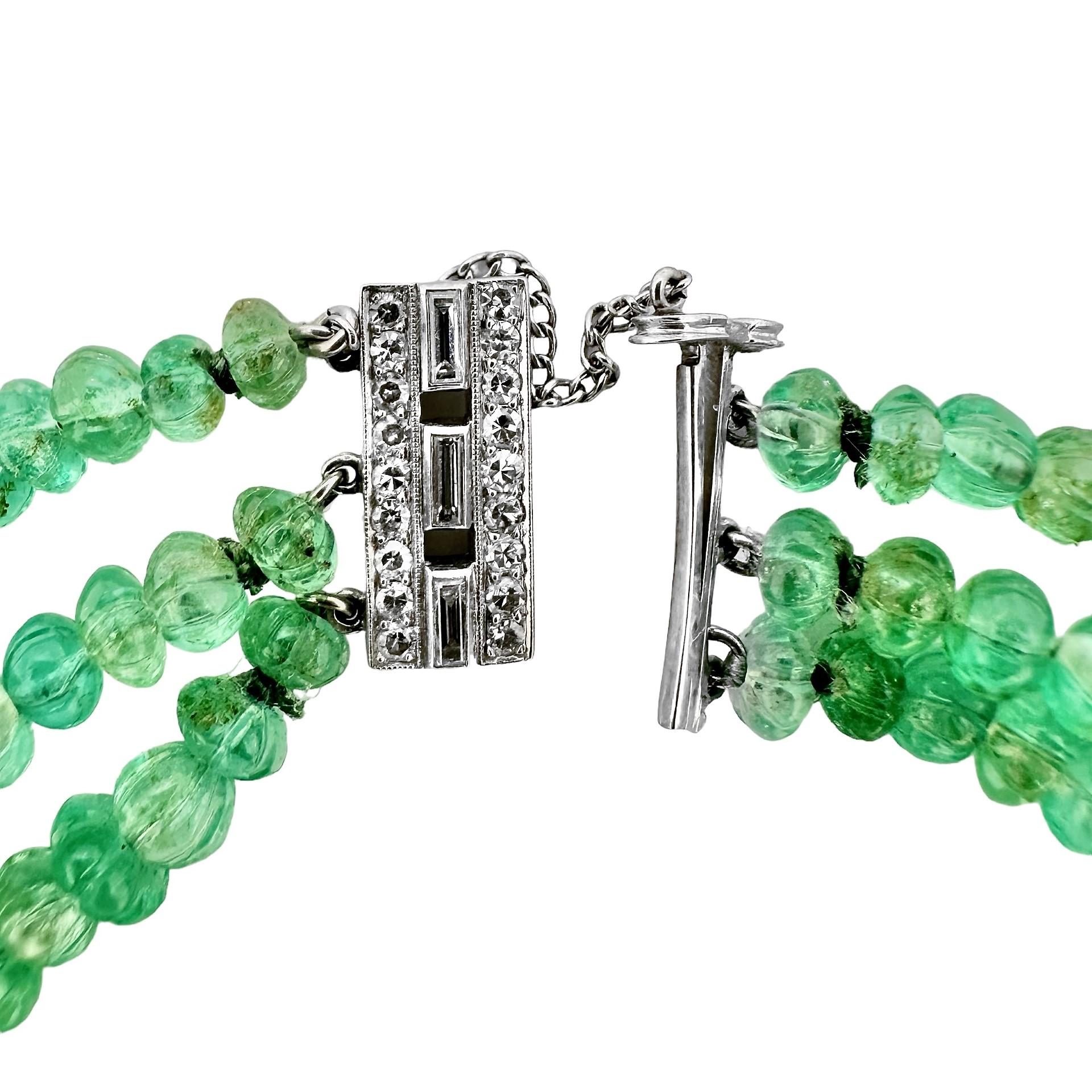 Emerald Cut Original Art-Deco Period Platinum, Diamond and Emerald Bead Bracelet For Sale