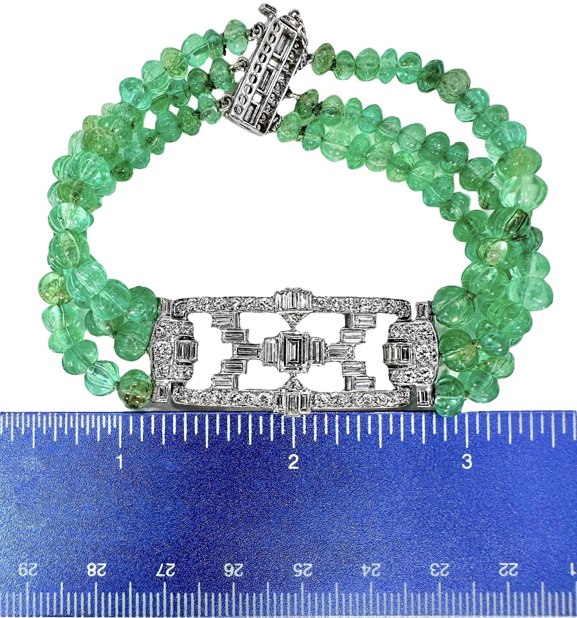 Women's Original Art-Deco Period Platinum, Diamond and Emerald Bead Bracelet For Sale