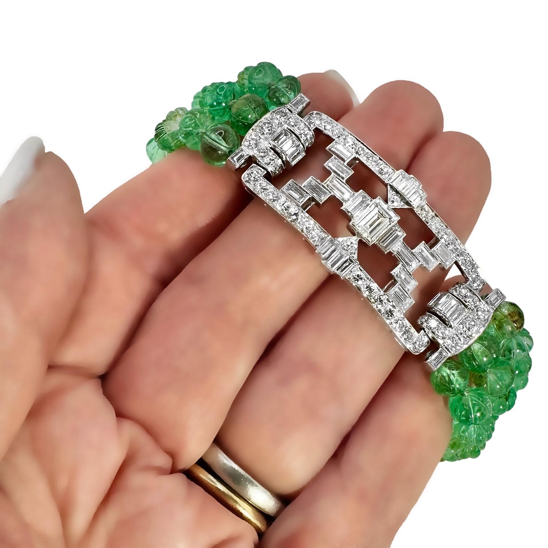 Original Art-Deco Period Platinum, Diamond and Emerald Bead Bracelet For Sale 1