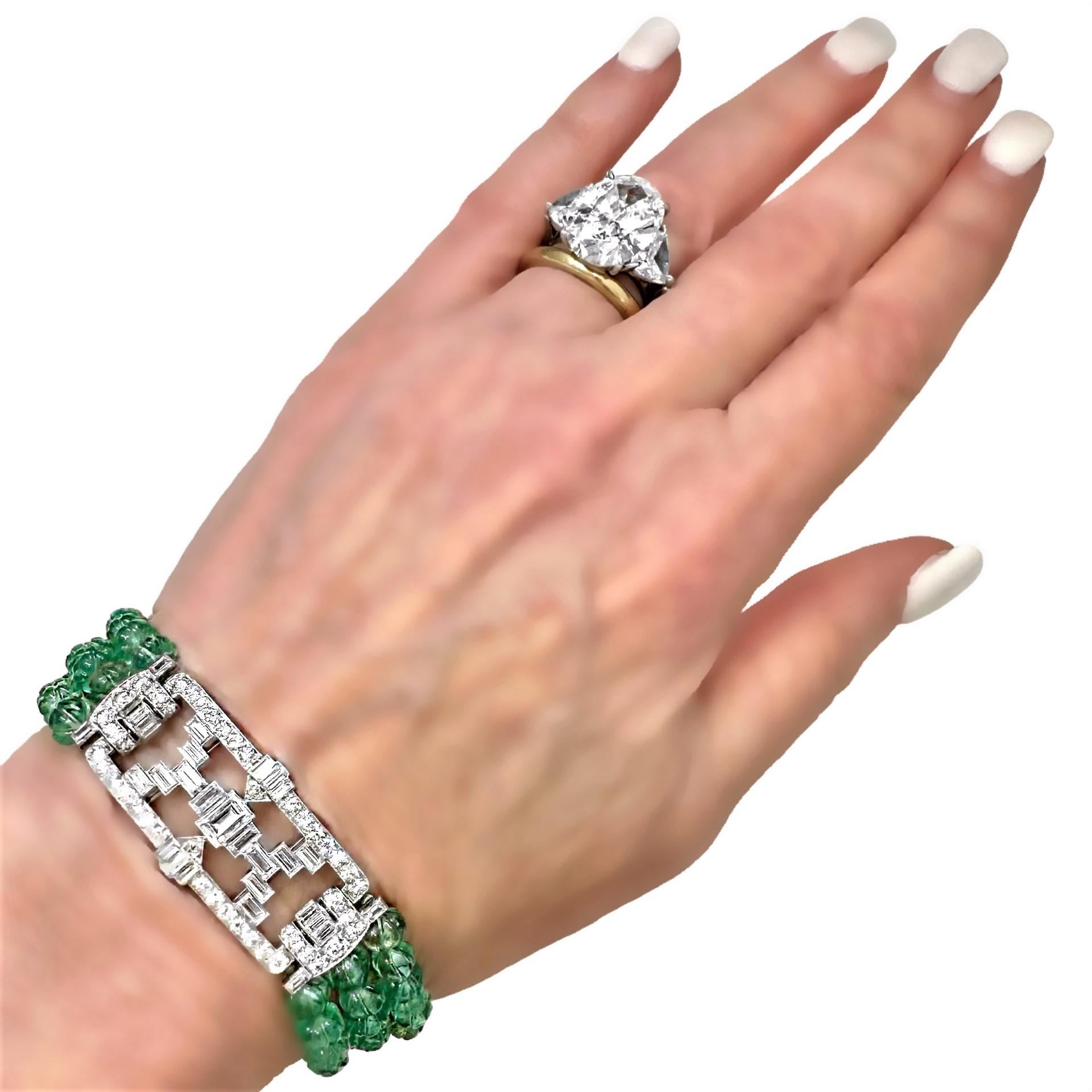 Original Art-Deco Period Platinum, Diamond and Emerald Bead Bracelet For Sale 2