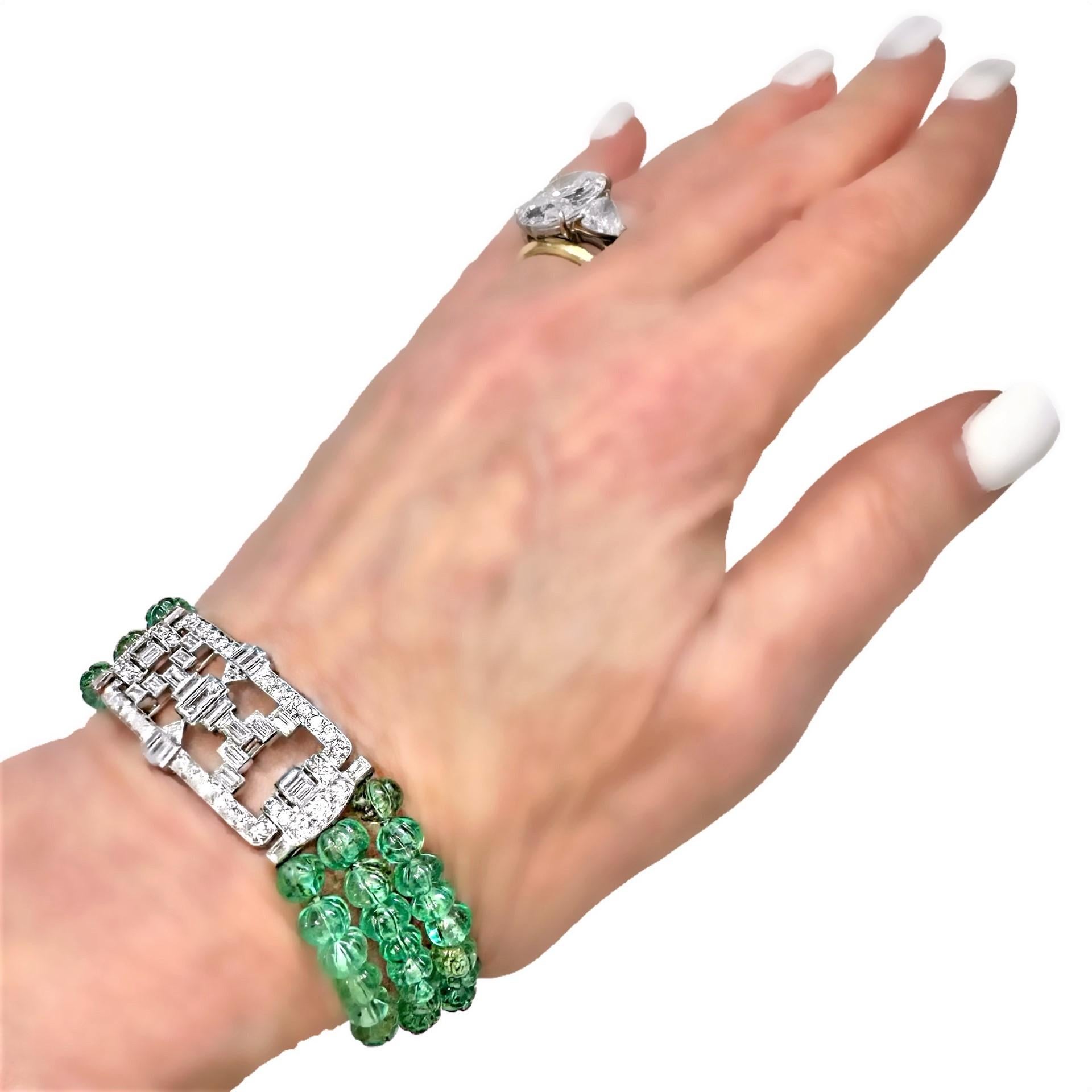 Original Art-Deco Period Platinum, Diamond and Emerald Bead Bracelet For Sale 3