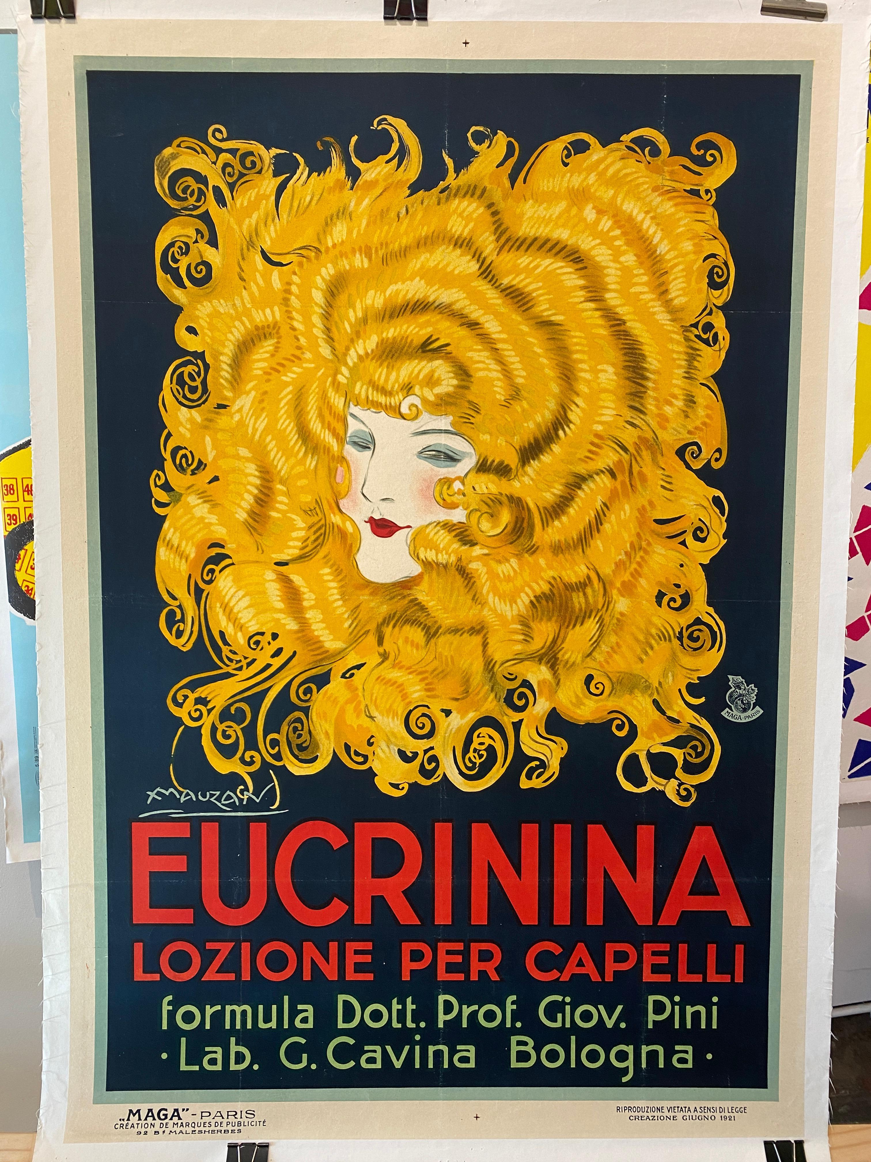 This is an original advertising poster from 1921, it is an Art-Deco piece, promoting a hair lotion which was targeted at women. This unique poster is incredibly rare, it has been linen backed for preservation. 

CONDITION	
Very Good

FORMAT	
Linen