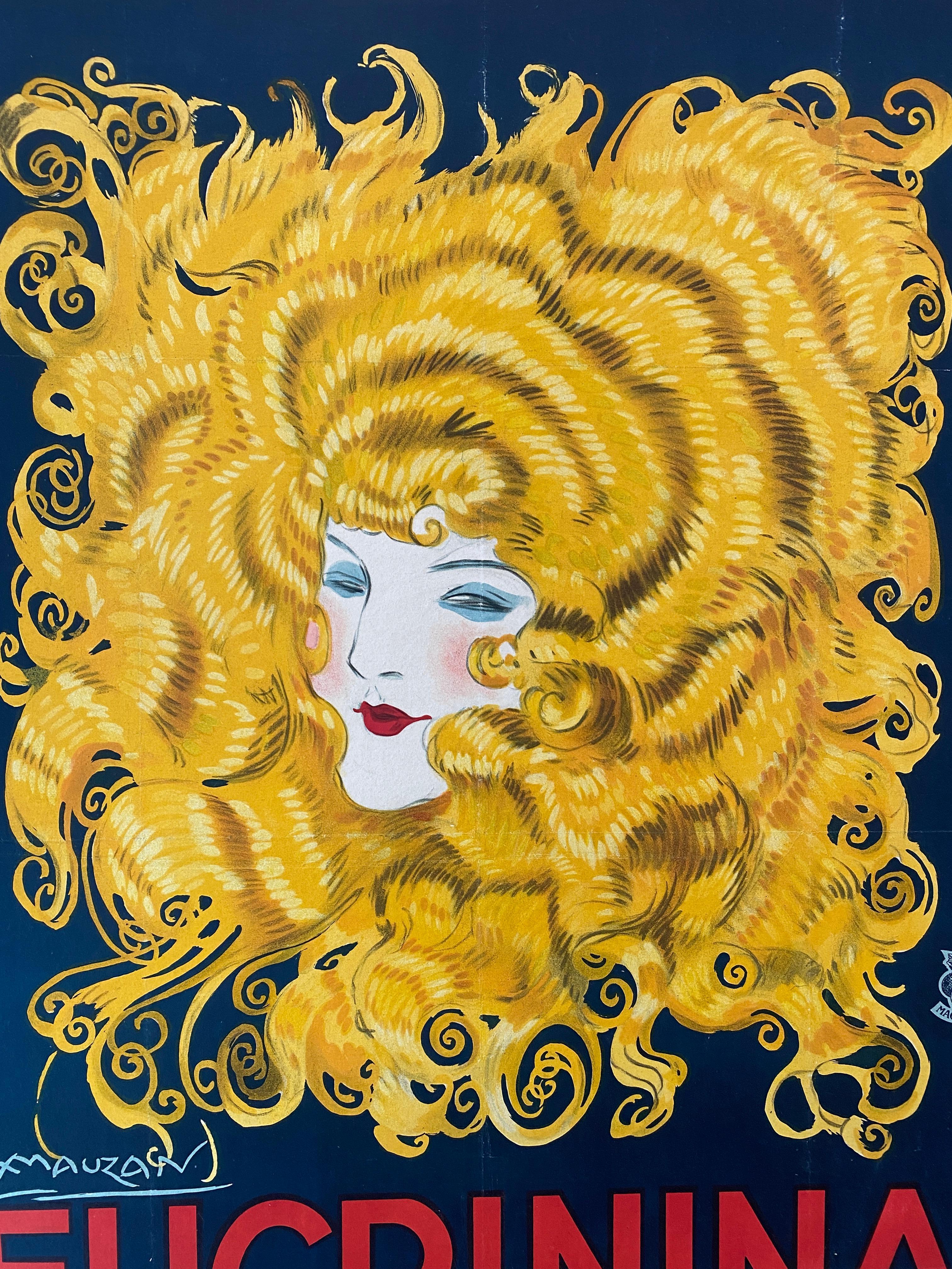 Italian Original Art Deco Period Poster, 'Eucrinina' Hair Lotion, 1921