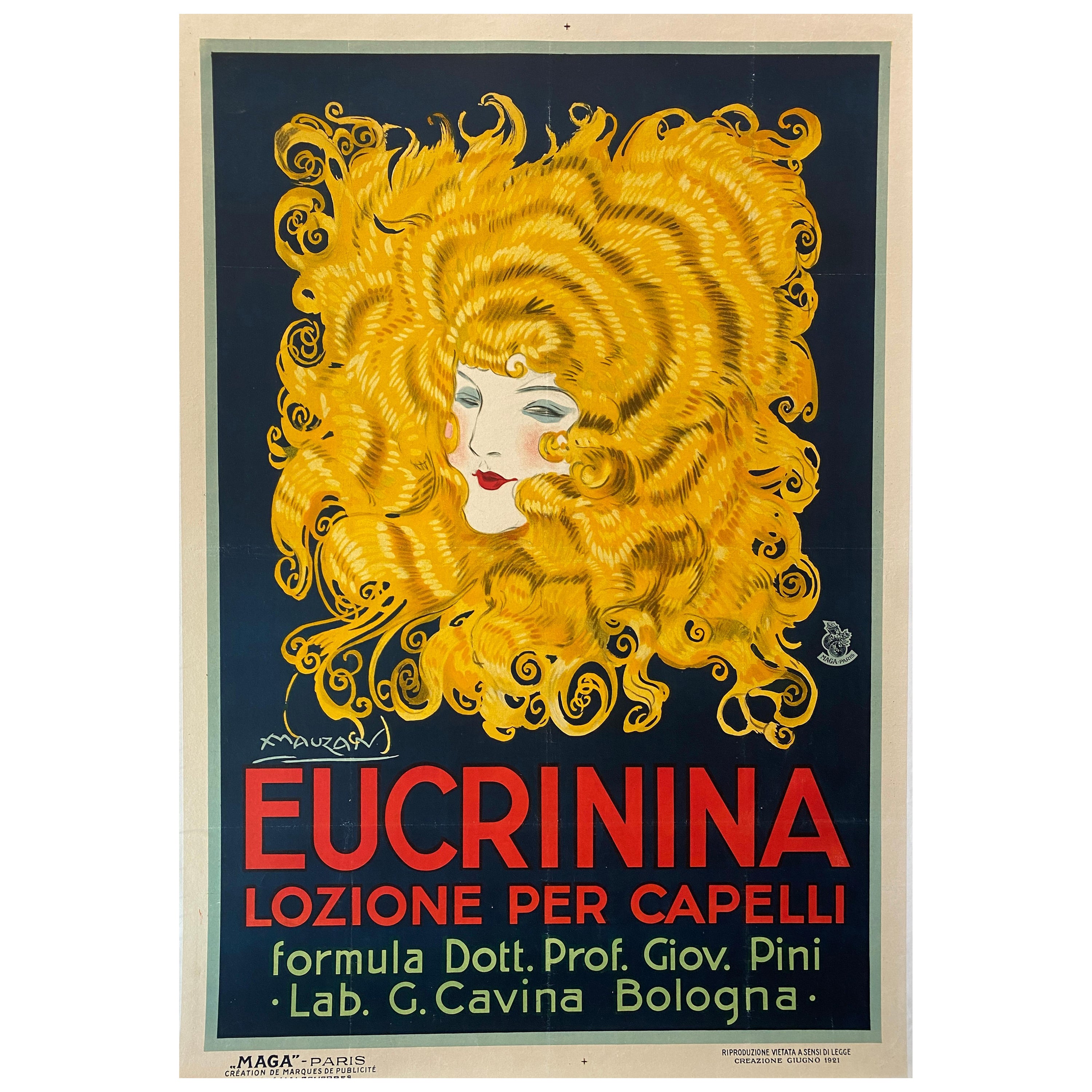 Poster originale del periodo Art Déco, lozione per capelli "Eucrinina", 1921