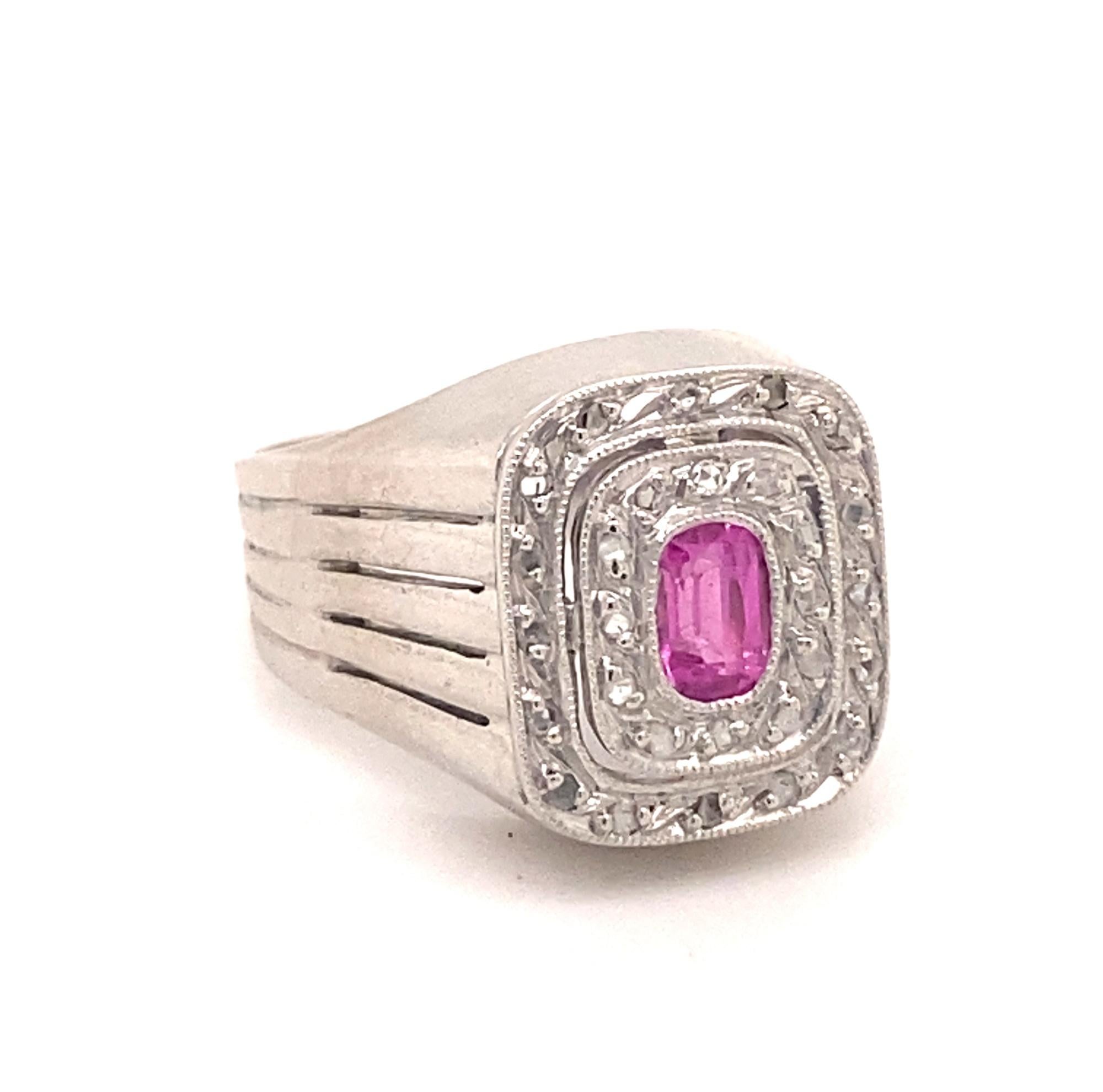 Oval Cut Original Art Deco Pink Tourmaline Diamonds 18K White Gold Ring For Sale