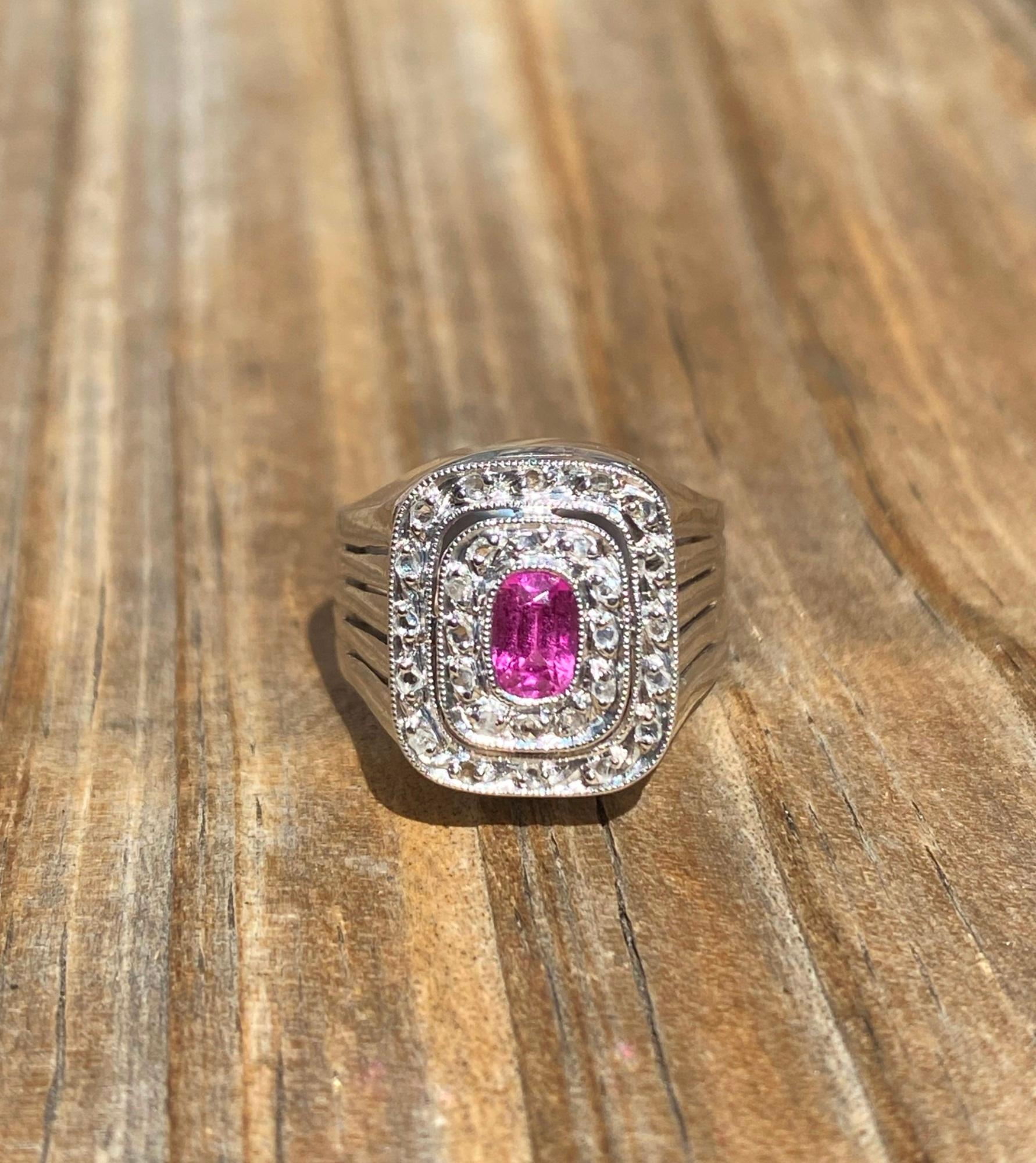 Original Art Deco Pink Tourmaline Diamonds 18K White Gold Ring For Sale 2