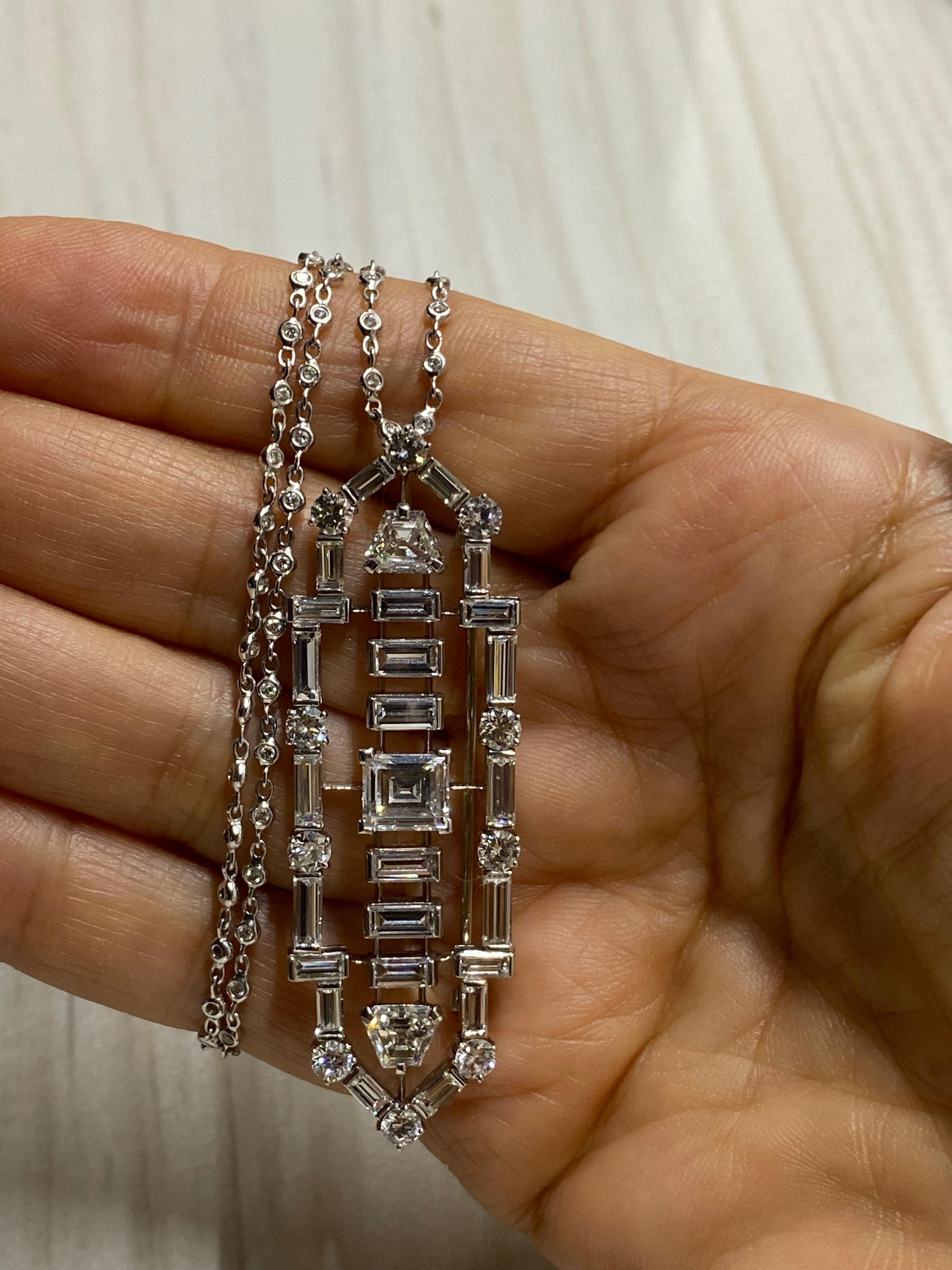 Women's or Men's 8.75 Carat Diamond Art Deco Platinum Pendant Brooch For Sale