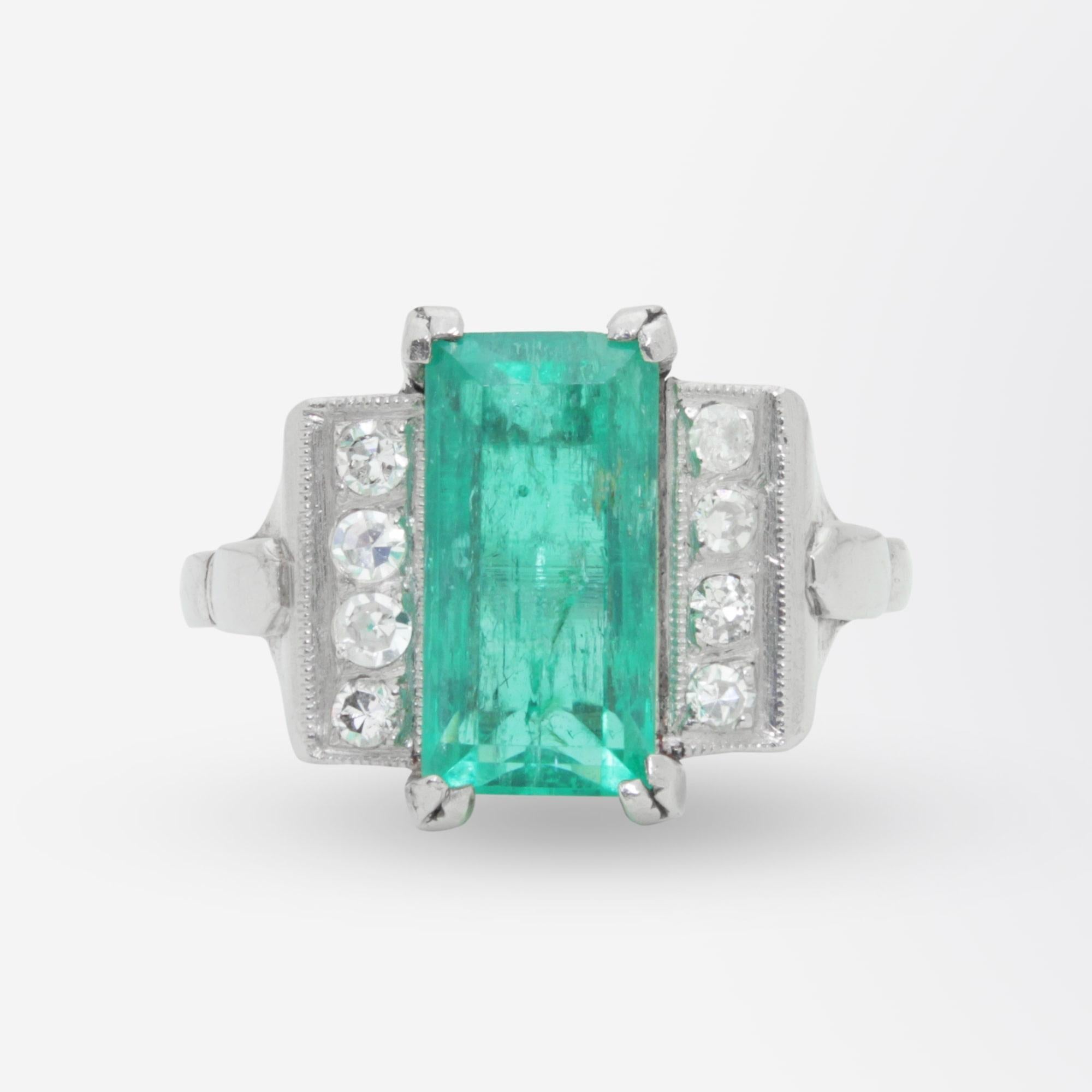 Octagon Cut Original Art Deco, Platinum, Emerald, and Diamond Ring For Sale