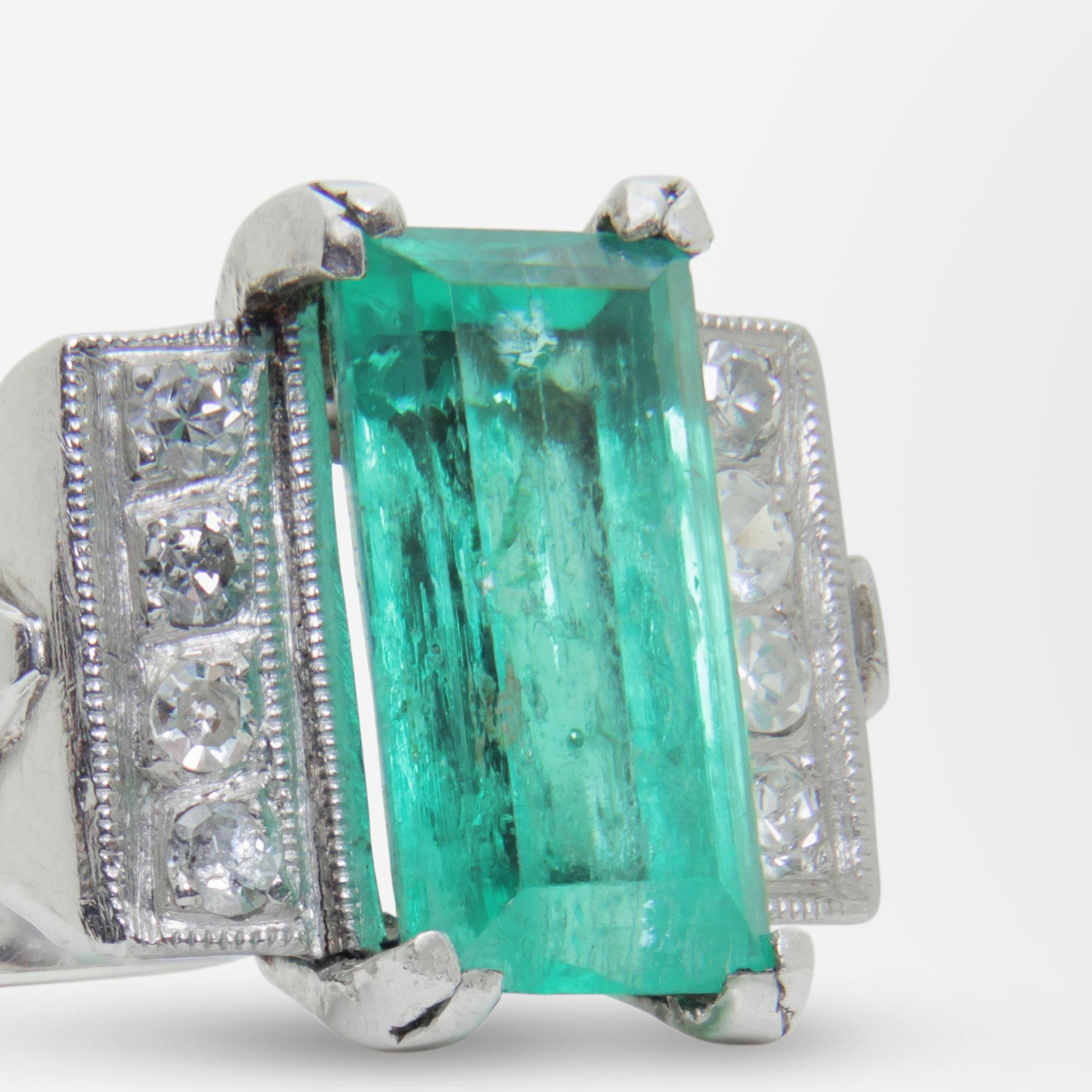 Original Art Deco, Platinum, Emerald, and Diamond Ring For Sale 1