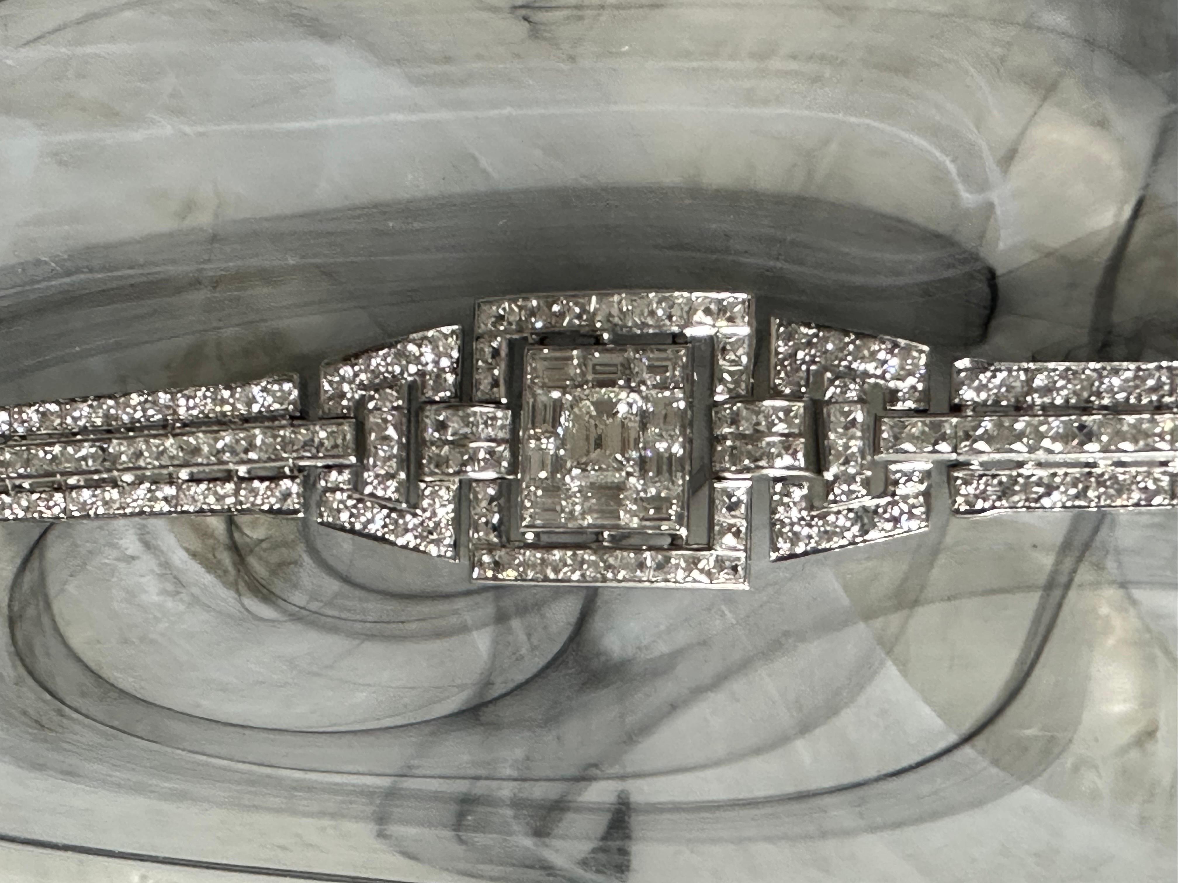 Original Art Deco Platinum French Emerald Cut 31 Carat Diamond Wide Bracelet  For Sale 6