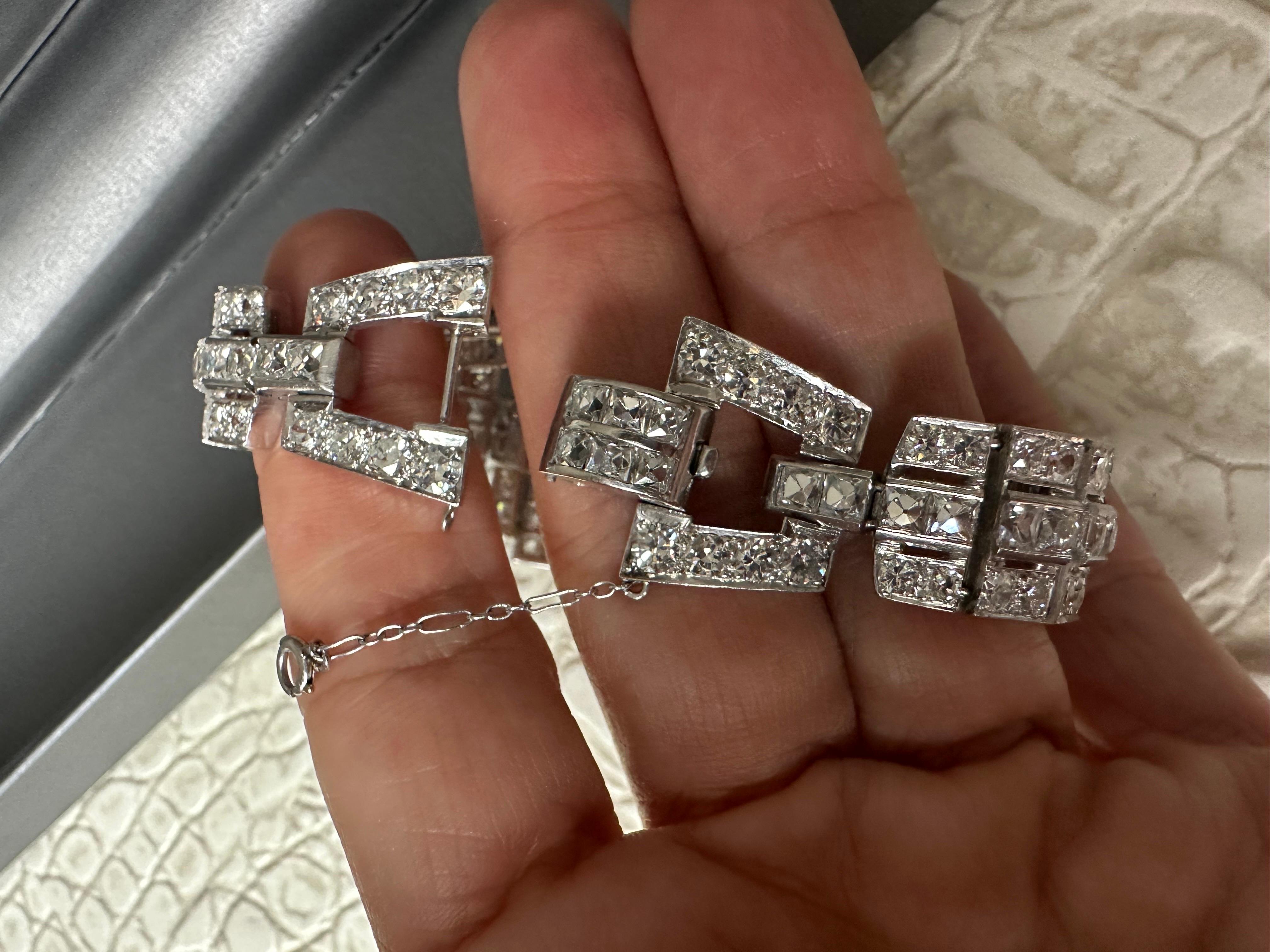 Original Art Deco Platinum French Emerald Cut 31 Carat Diamond Wide Bracelet  For Sale 1