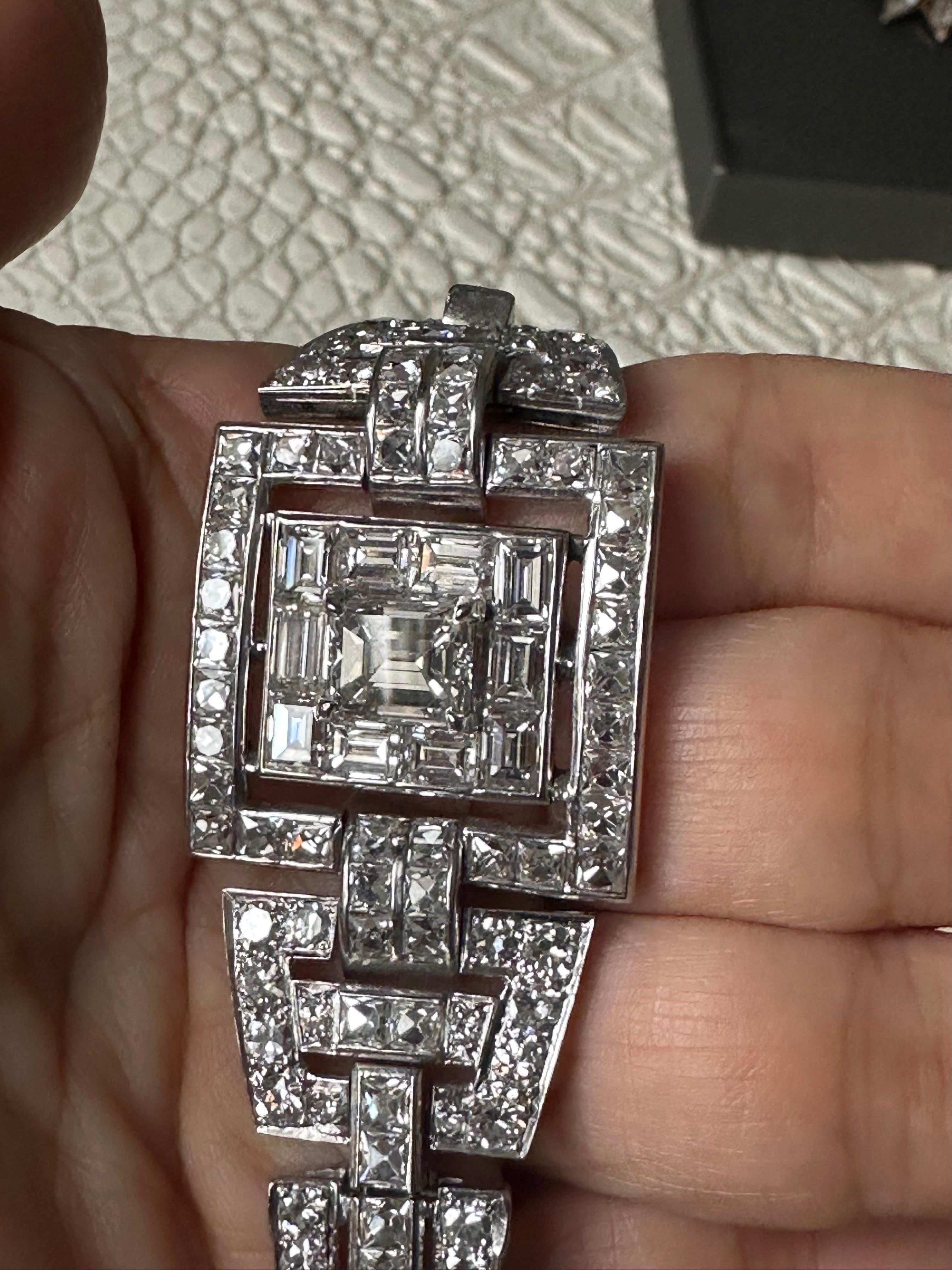 Original Art Deco Platinum French Emerald Cut 31 Carat Diamond Wide Bracelet  For Sale 4