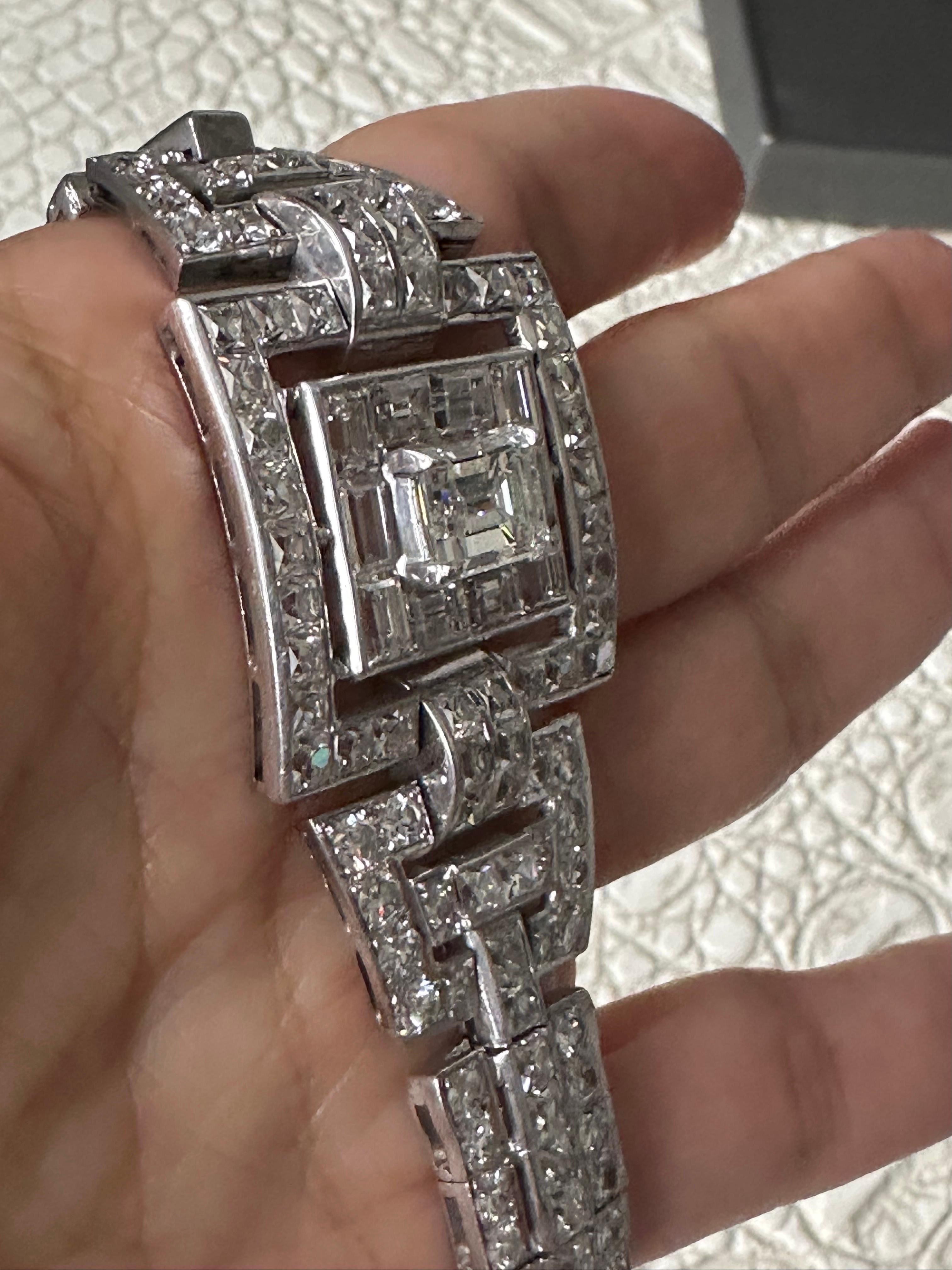 Original Art Deco Platinum French Emerald Cut 31 Carat Diamond Wide Bracelet  For Sale 5