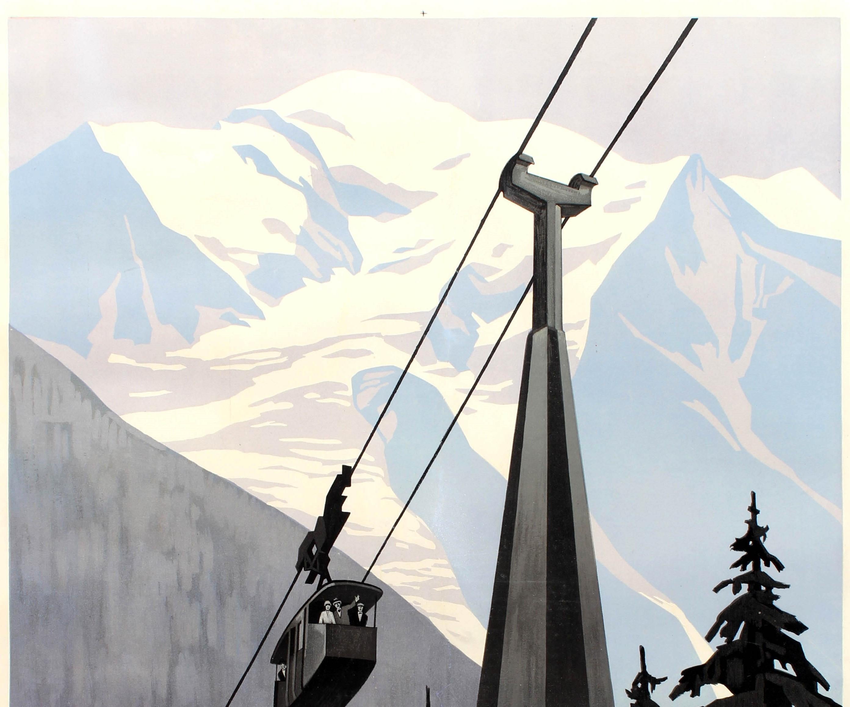 Original vintage poster for the Funiculaire Chamonix-Planpraz Le Brevent 2000m d'altitude Face au Mont Blanc cable car featuring a stunning Art Deco design by the notable French artist Roger Broders (1883-1953) of people enjoying a scenic view from