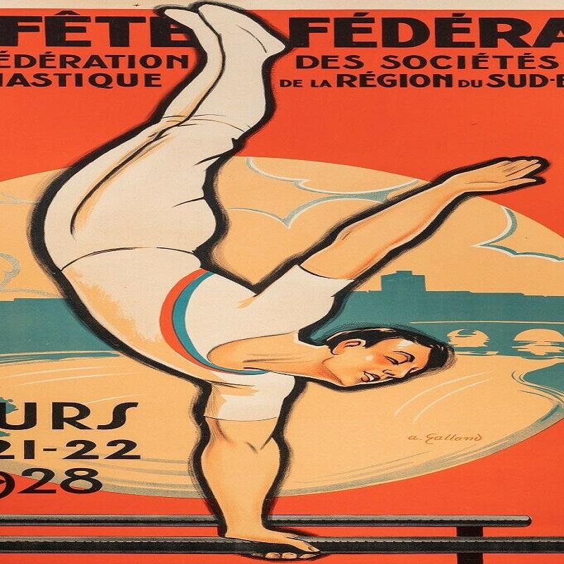 Affiche originale Art déco - Andre Galland - Gymnastique artistique - Athlète, 1928

Affiche de la 28e fête fédérale de la Fédération des sociétés de gymnastique de la région Sud-Ouest à Romans sur Isère. Compétition les 20-21-22 juillet 1928.
En