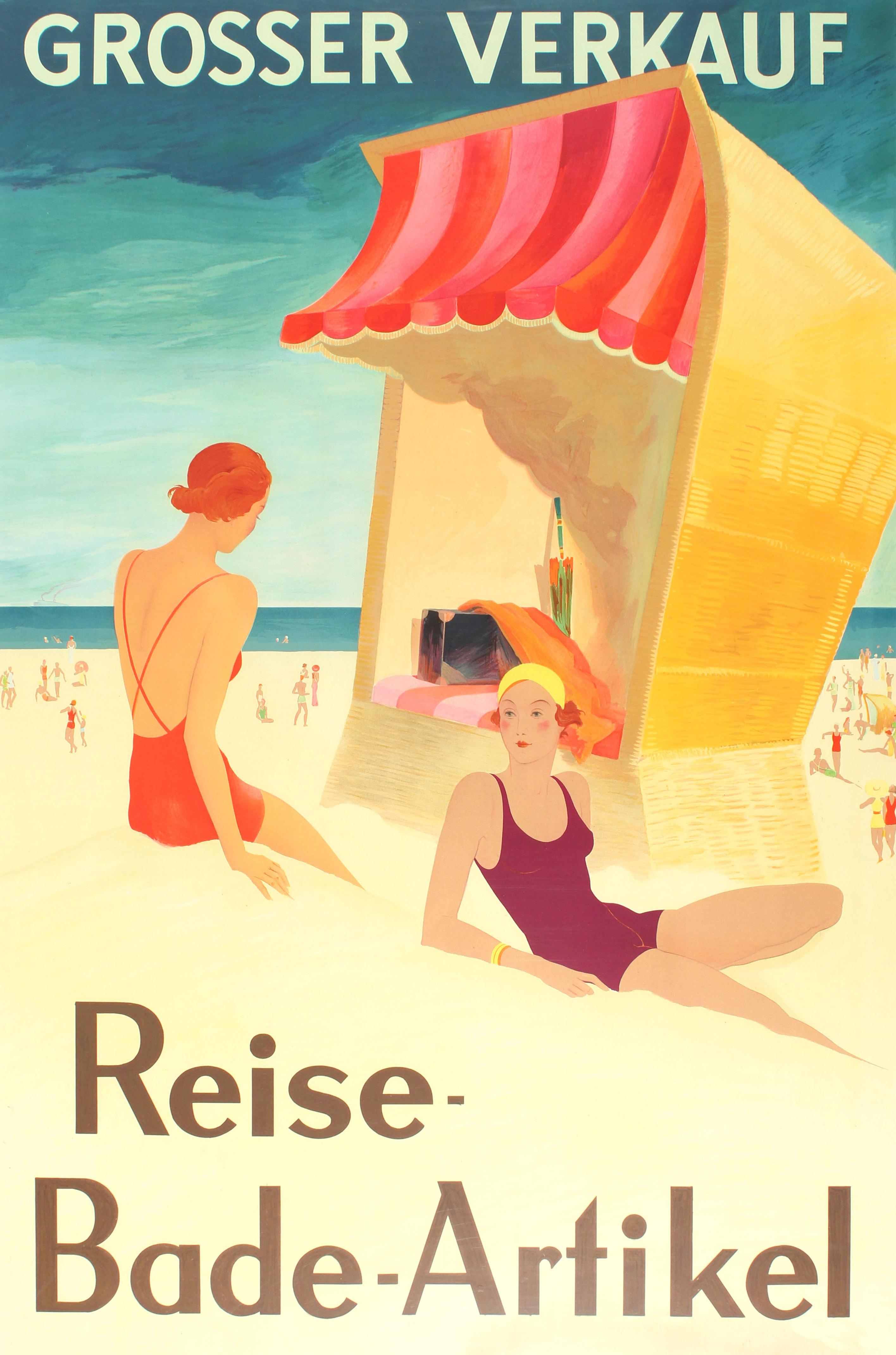 Original vintage advertising poster most likely issued by one the large department stores to promote a big sale of travel, holiday and swimming accessories, the text in German reads: Grosser Verkauf Reise Bade Artikel. Stunning Art Deco style