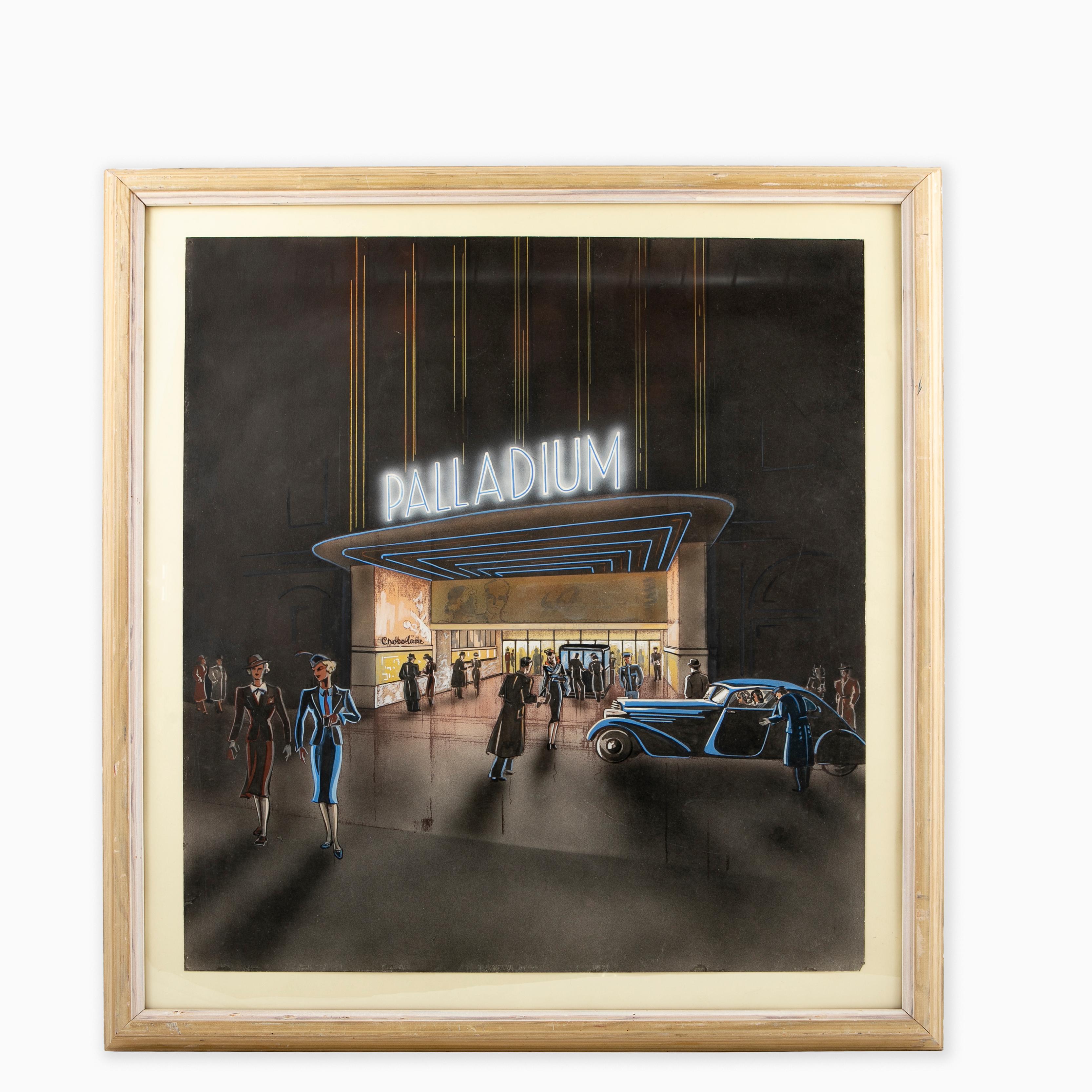 Rare original art deco poster by Svend Koppel depicting the 'Palladium Cinema' in Copenhagen Denmark.
Airbrush on paper, 1938.
 Measures: Frame: 61 x 55,5 x 3 cm

Reproductions of the original poster was made and sold after the poster was found