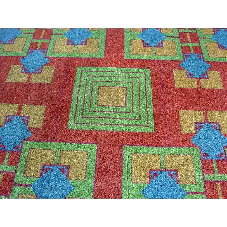 This four-color Art Deco carpet was originally made for the Arizona Biltmore Hotel in 1973 for a large refurbish the hotel went through after a fire broke out. It is a machine-made rug made from larger pieces of carpet measuring 81