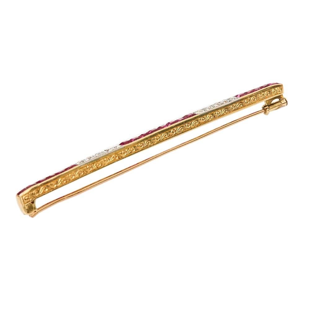 Women's Long Art Deco Ruby and Diamond Bar Brooch 18 Karat Yellow Gold Circa 1920