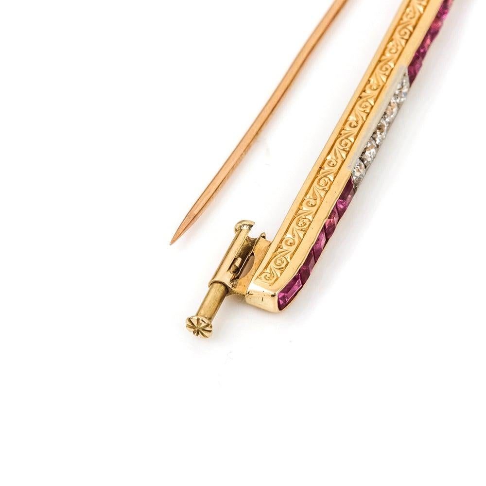 Long Art Deco Ruby and Diamond Bar Brooch 18 Karat Yellow Gold Circa 1920 3