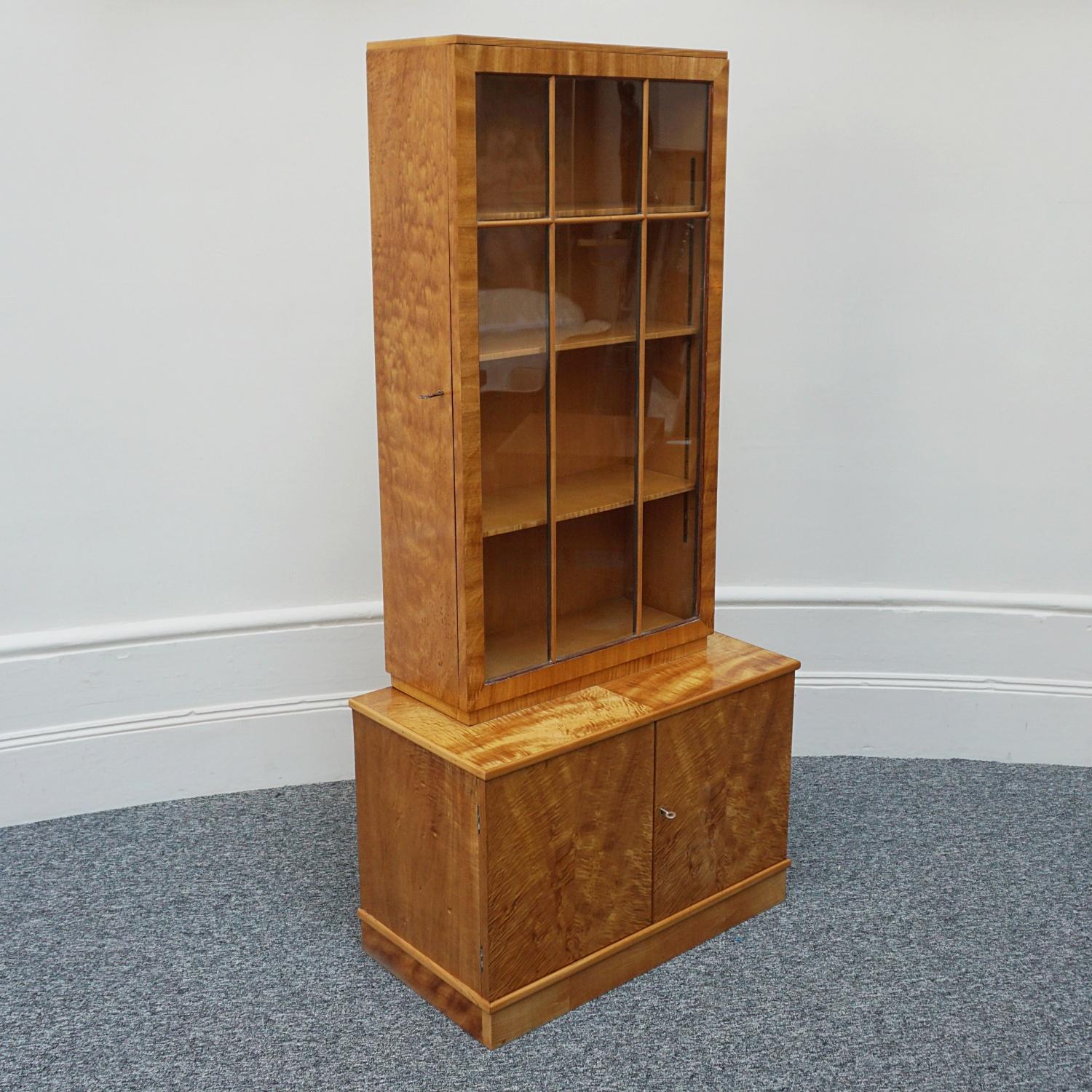 English Original Art Deco Satin Birch Veneered Bookcase/Cabinet For Sale