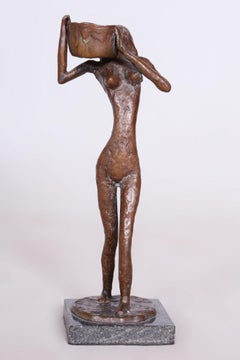 Original Art Deco Sculpture of Girl with a Bucket, Bronze, Czech, 1930s