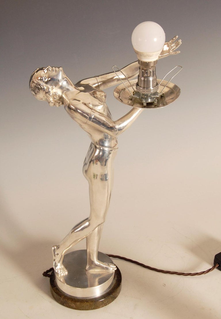 Original Art Deco Silver Plated Bronze Lady Lamp For Sale at 1stDibs
