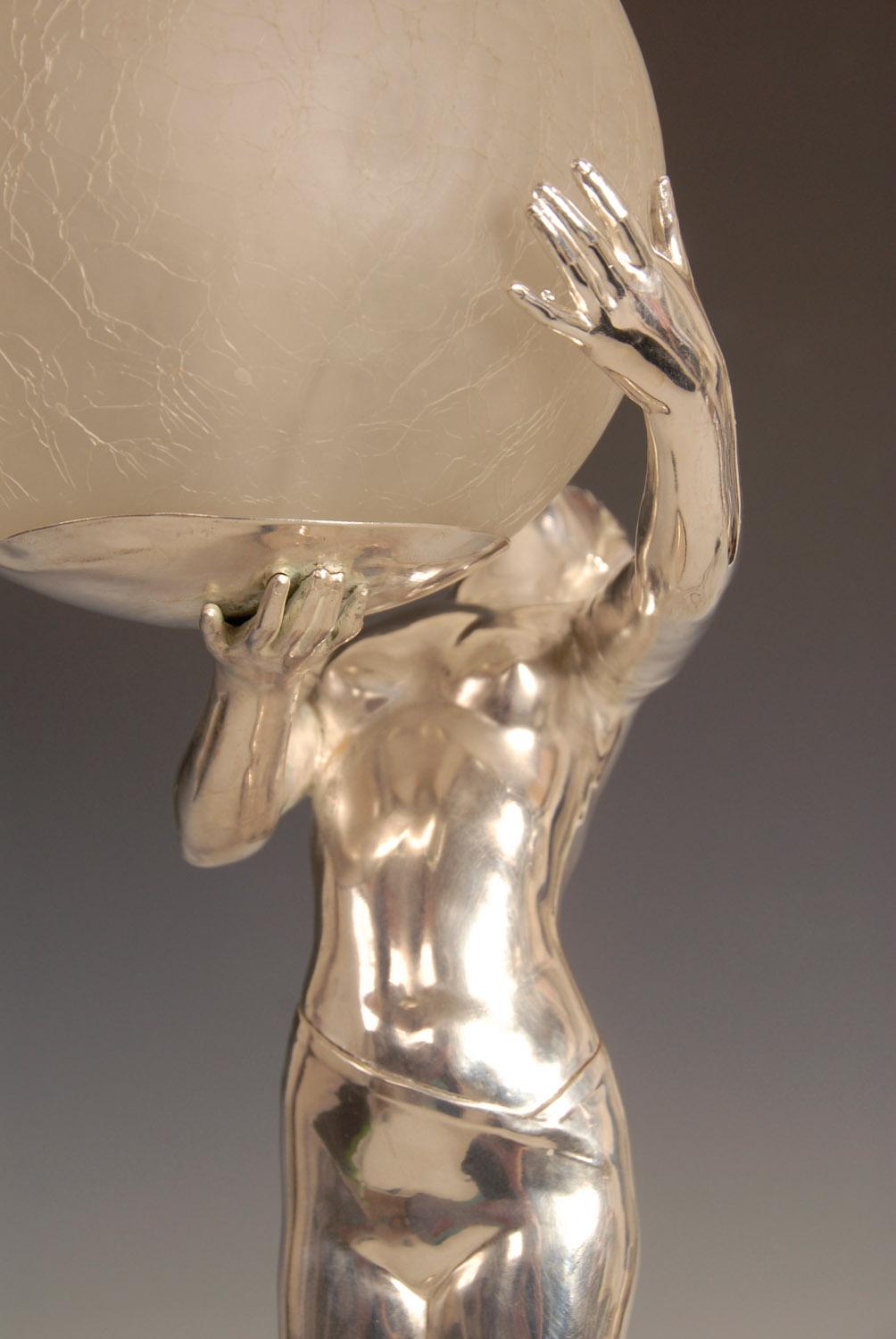 French Original Art Deco Silver Plated Bronze Lady Lamp For Sale