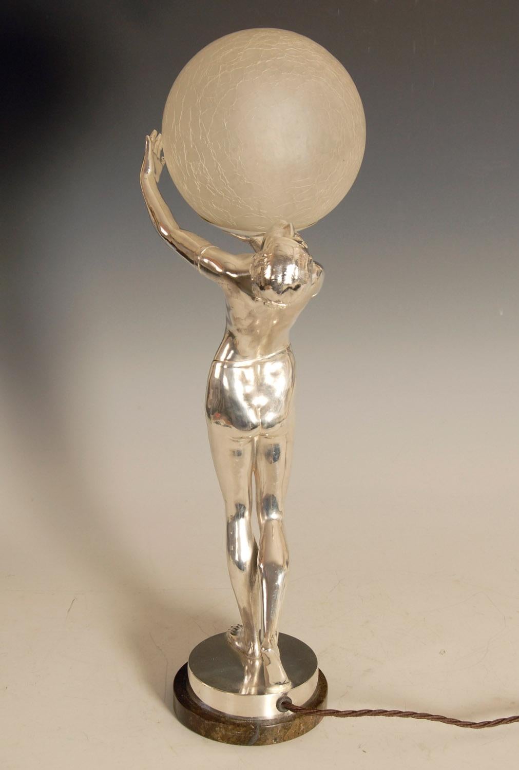Silvered Original Art Deco Silver Plated Bronze Lady Lamp For Sale