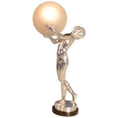 Antique Original Art Deco Silver Plated Bronze Lady Lamp