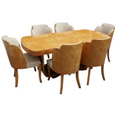 Original Art Deco Six Seater Dining Suite Burr Walnut with Faux Suede Upholstery