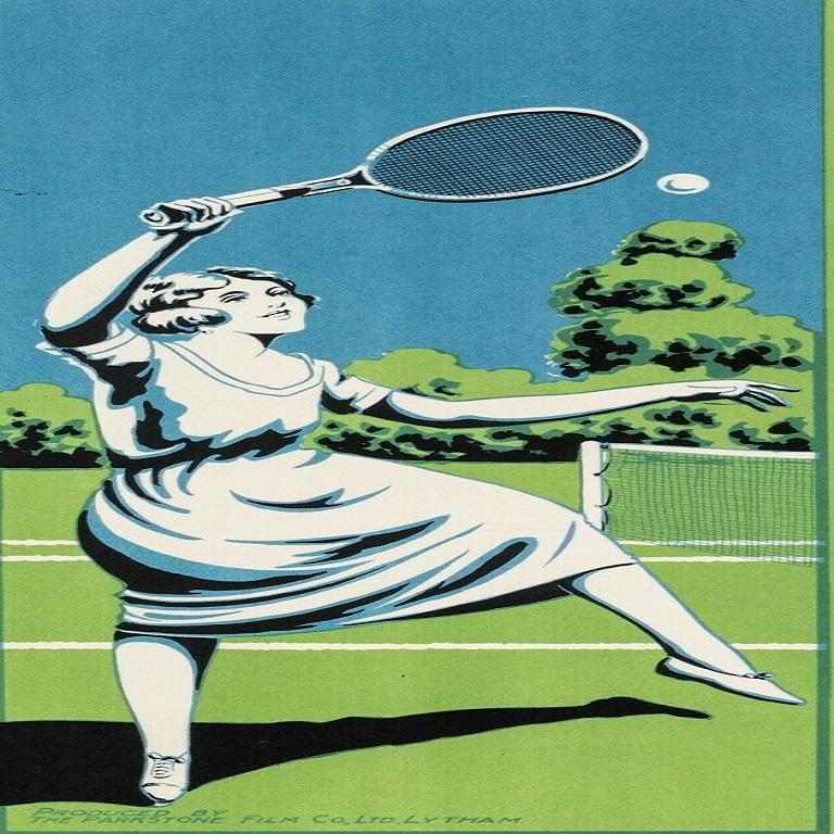 Original Art Deco Poster-Film die Kunst des Tennis-Wimbledon-Sport, 1920

Plakat zur Förderung der Verbreitung eines stummen englischen Films über das Tennis. Film produziert von Parkstone Film Co. Ltd Lytham.
Ein Tennisspieler, der auf einem