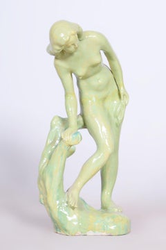 Original Art Deco Statue, Glazed Ceramic, Well-Preserved, Czech, 1940s