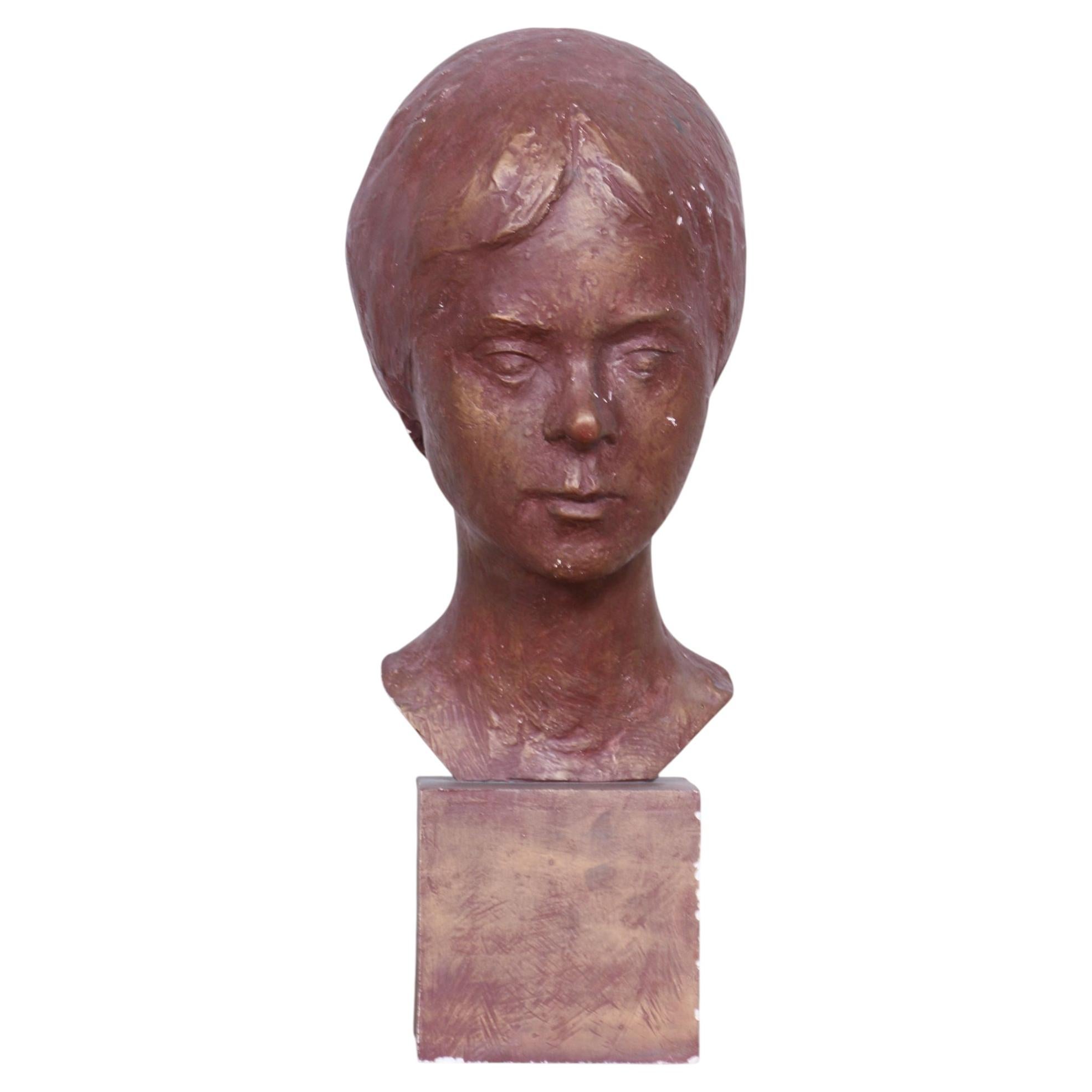 Original Art Deco Statuette of Young Woman, Painted Plaster, Czech, 1920s For Sale