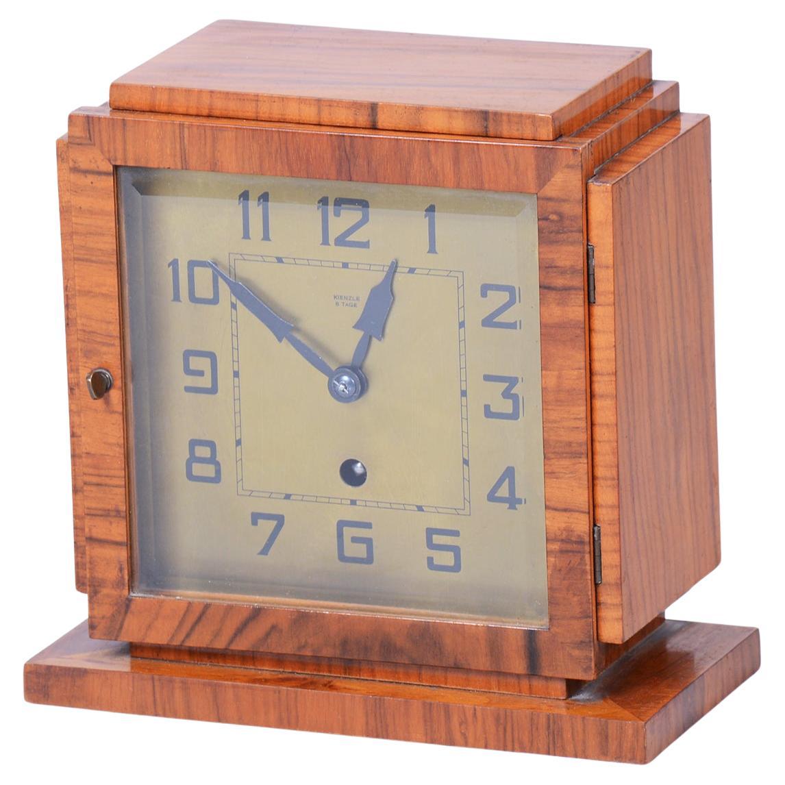 Original Art Deco Table Clock, Walnut, Brass, Glass, Repolished, Czech, 1920s