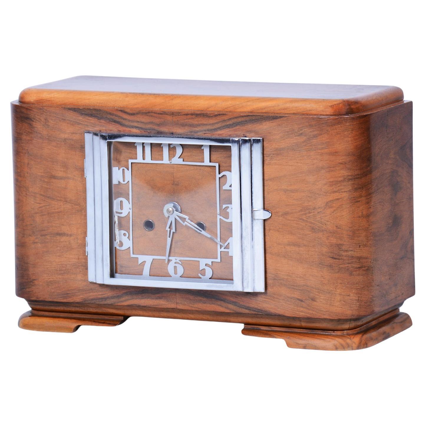Original Art Deco Table Clock, Walnut, Chrome, Glass, Repolished, Czech, 1920s