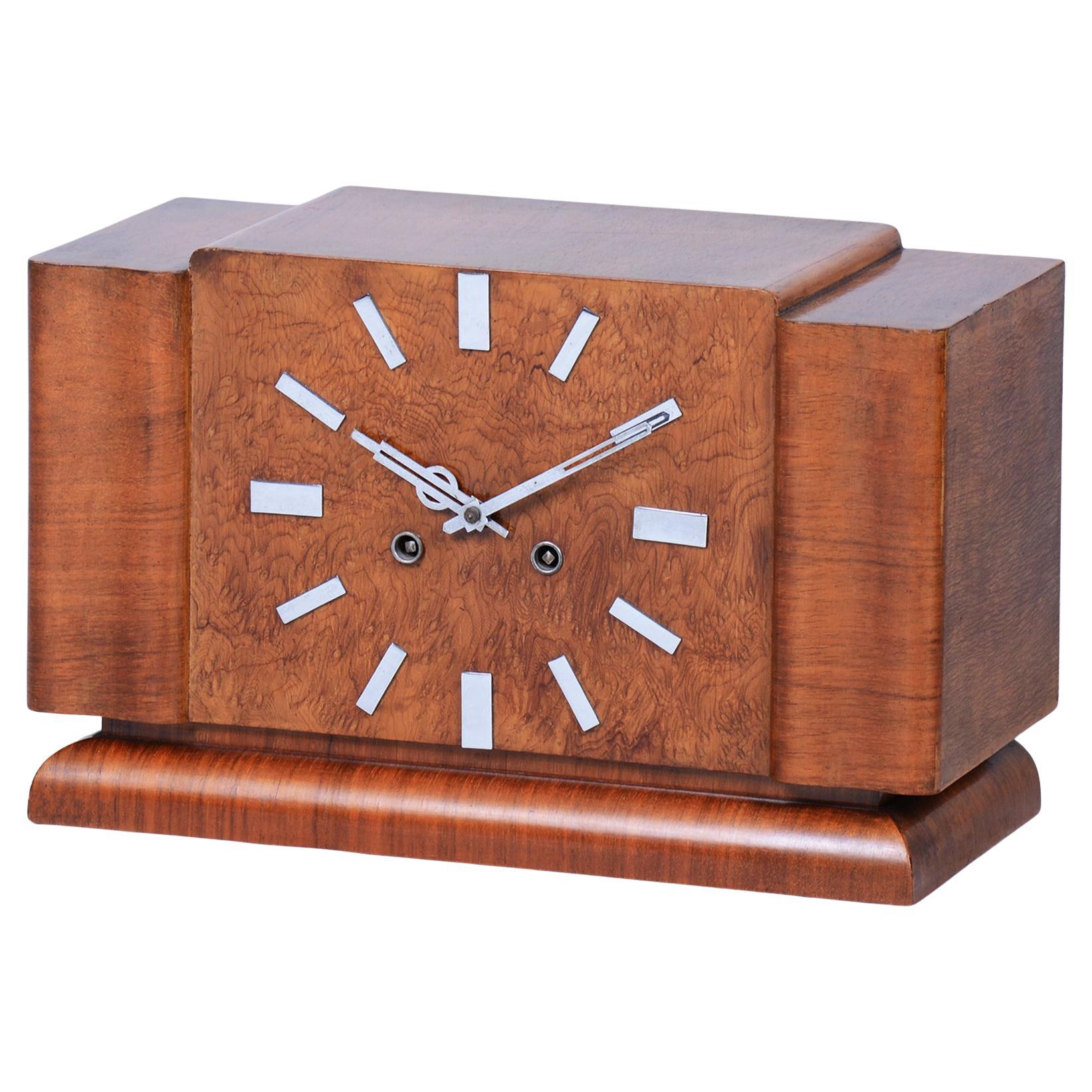 Original Art Deco Table Clock, Walnut, Revived Polish, Czech, 1920s